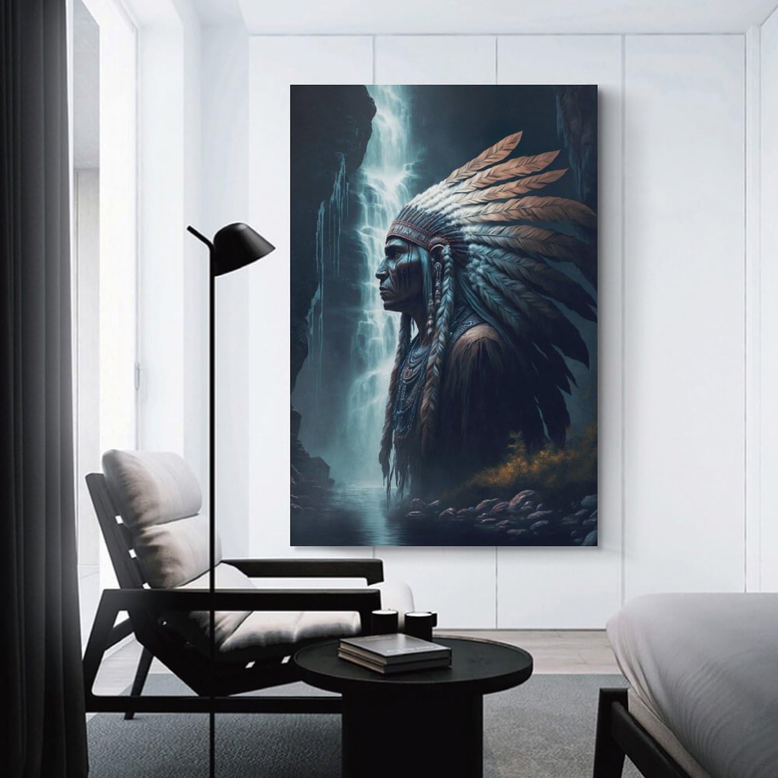 Junmoney Unframe-Style-18 Native American Warrior With Feather Headdress Room Decor Wall Art 12X18inch(30X45cm), For Entrance Walls, Hall Decor Or Foyers, A Neat Decor Update For Hallways