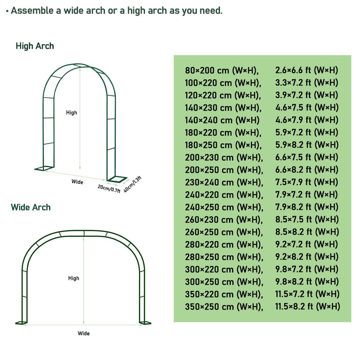Arco Per Rose In Metallo Con Basi, 140 200 240 300 cm larghezza Traliccio Pergolato Da Giardino Per Piante Rampicanti, Supporto Sostegno Archetto Per Matrimonio, Decorazione Eventi(Verde,300x220 cm (L