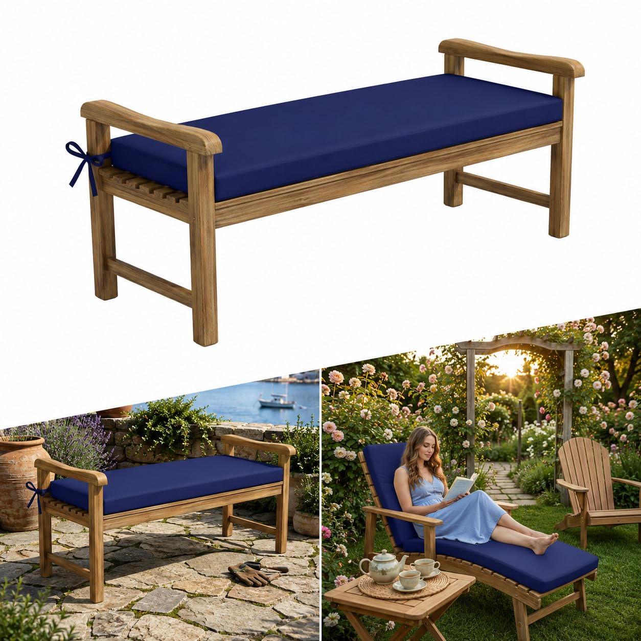 AZMAHT Waterproof Garden Bench Cushion Outdoor Furniture Cushions 2 3 4 Seater Garden Cushions 5cm Thick Bench Seat Pad with Straps & Removable Cover for Patio Swing Seat Sofa,blue 2,60x40x5cm