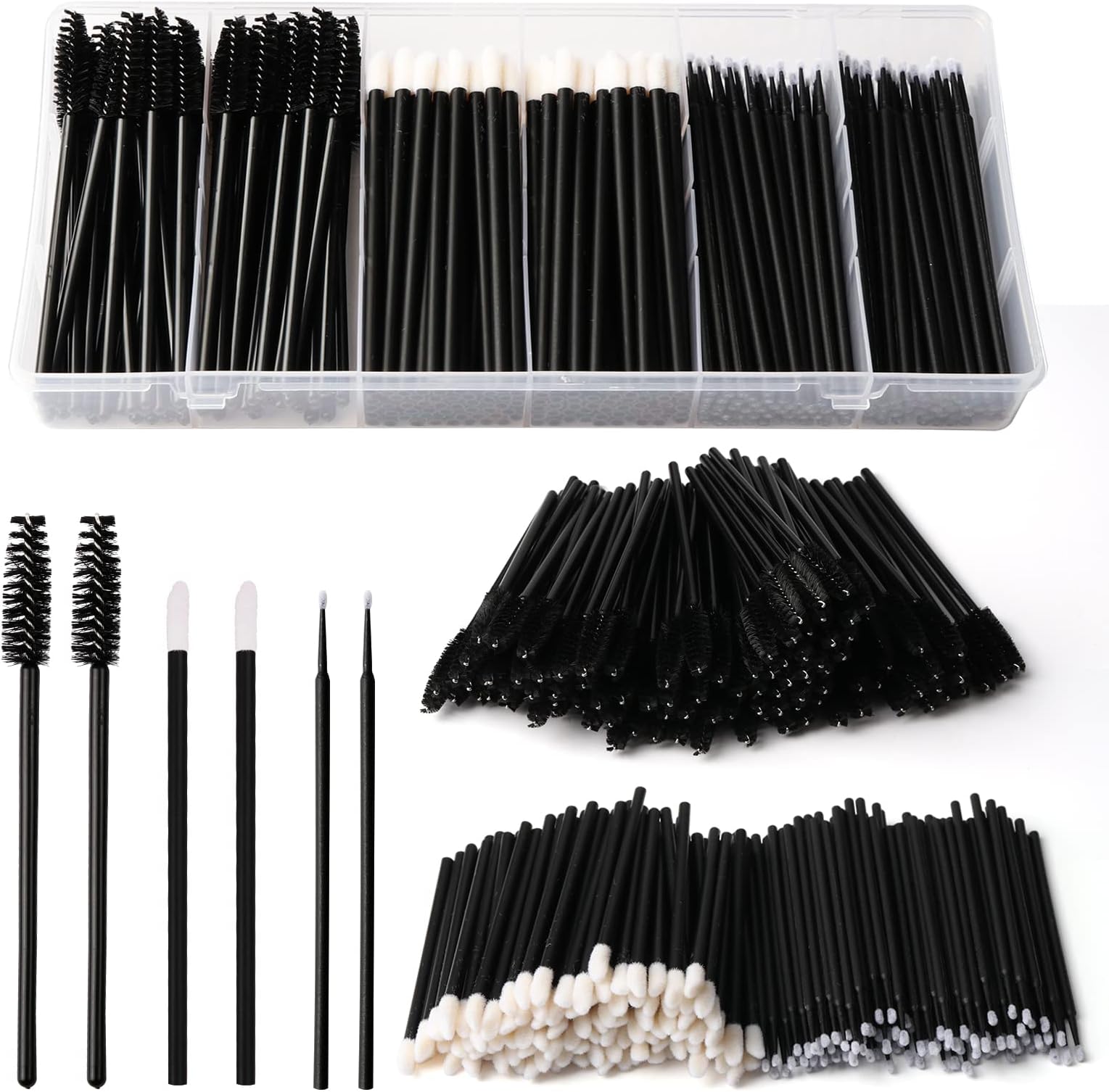 300PCS Disposable Mascara Wands Lip Wands Set,100Pcs Eyelash Brush/100Pcs Lip Brush/100PCS Micro Brushes,Makeup Tool Kit with Organizer Box