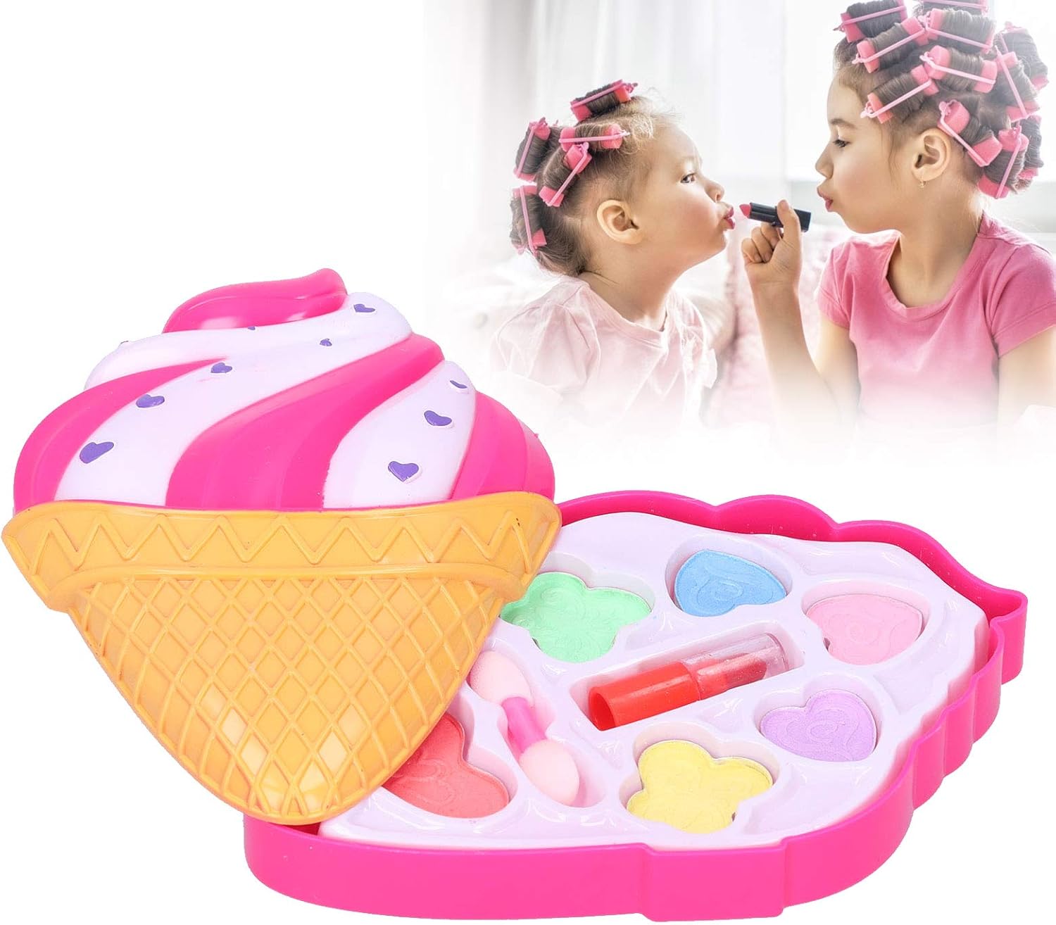 女の子のふりプレイメイクツール かわいいアイスクリーム型ボックス付きの洗えるメイクおもちゃセット メイクパレット 口紅とブラシ 子供用メイクキット 子供用化粧品セット 子供用リップスティック 新品未使用