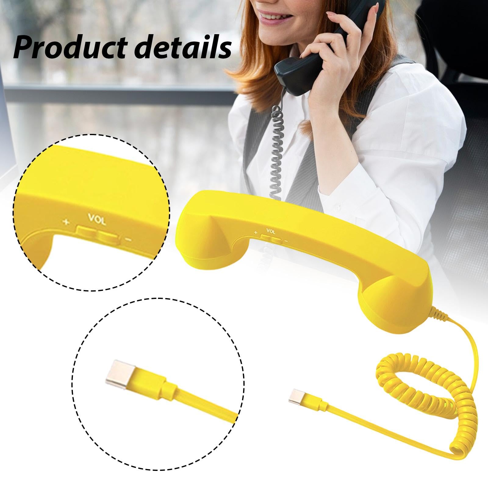 レトロ電話ハンドセット 受話器 有線接続 ノイズリダクション マイク搭載 音量調整 エルゴノミック設計 耐久性PP素材 タッチ操作 長距離通話に適用, 黄色 - 3