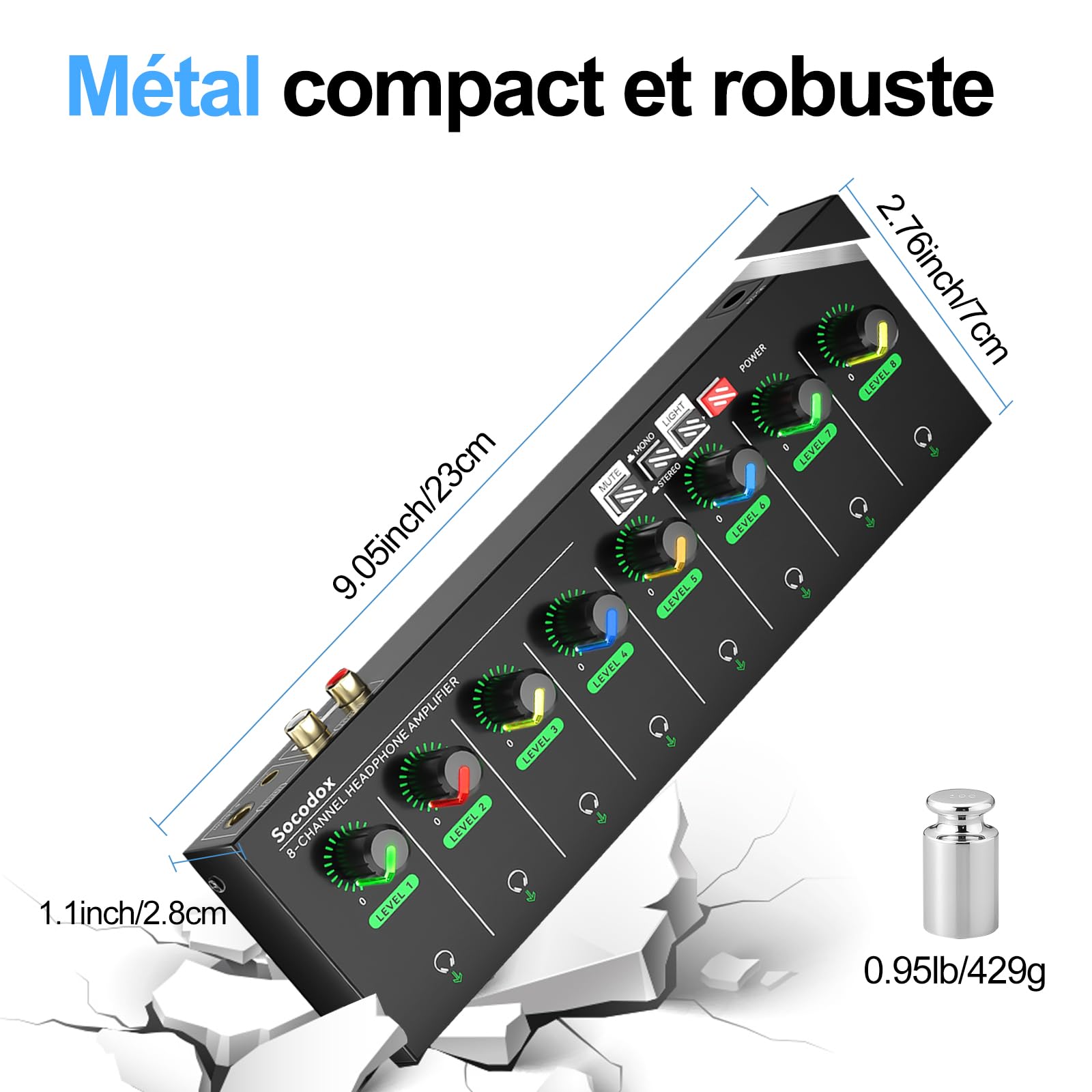 Amplificateur de Casque à 4 canaux avec Prises RCA 3,5 mm/6,35 mm, mélangeur Compact en métal avec 8 Ports de Sortie pour Casque, Interrupteur stéréo, Fonction muet, lumière RVB (8 canaux)