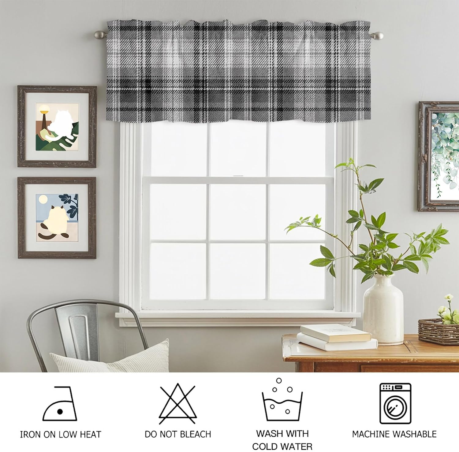 Curtain Valance 42" x 12", Gray Black Buffalo Plaid Window Valances Rod Pocket Curtains Drapes, White Farmhouse Modern Striped Short Topper Curtain for Kitchen Cafe Living Room, 1 Panel