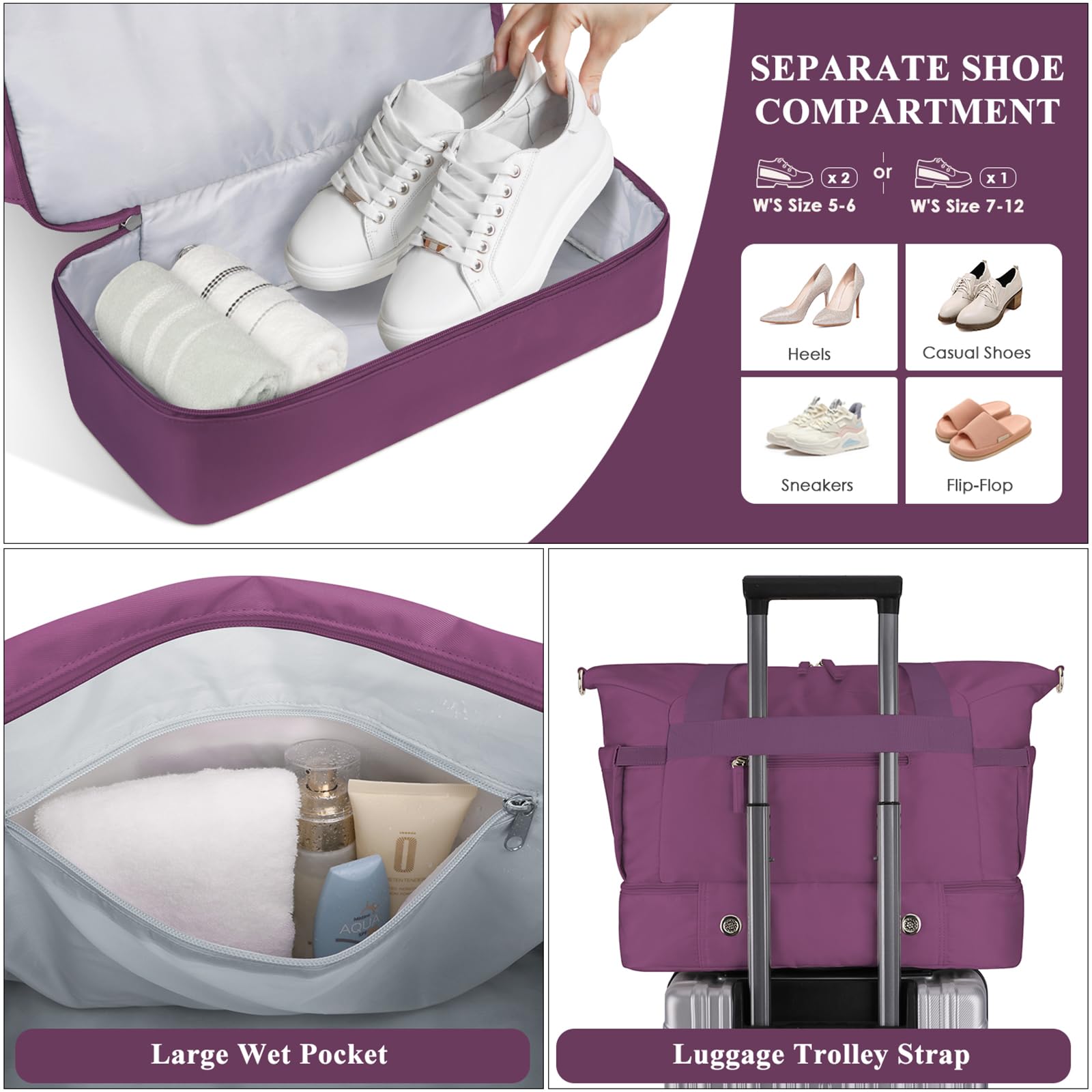 Gym Bag for Women, Personal Item Travel Bag with Shoes Compartment for Trip view 4