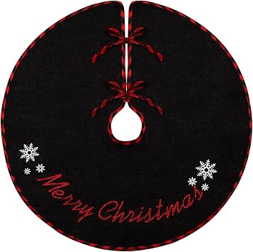 MACTING Black Christmas Tree Skirt 23 Inch Mini Burlap Tree Skirt with Red and Black Plaid Buffalo Edge Small Christmas Tree Decorations for Halloween Holiday Indoor Home Christmas