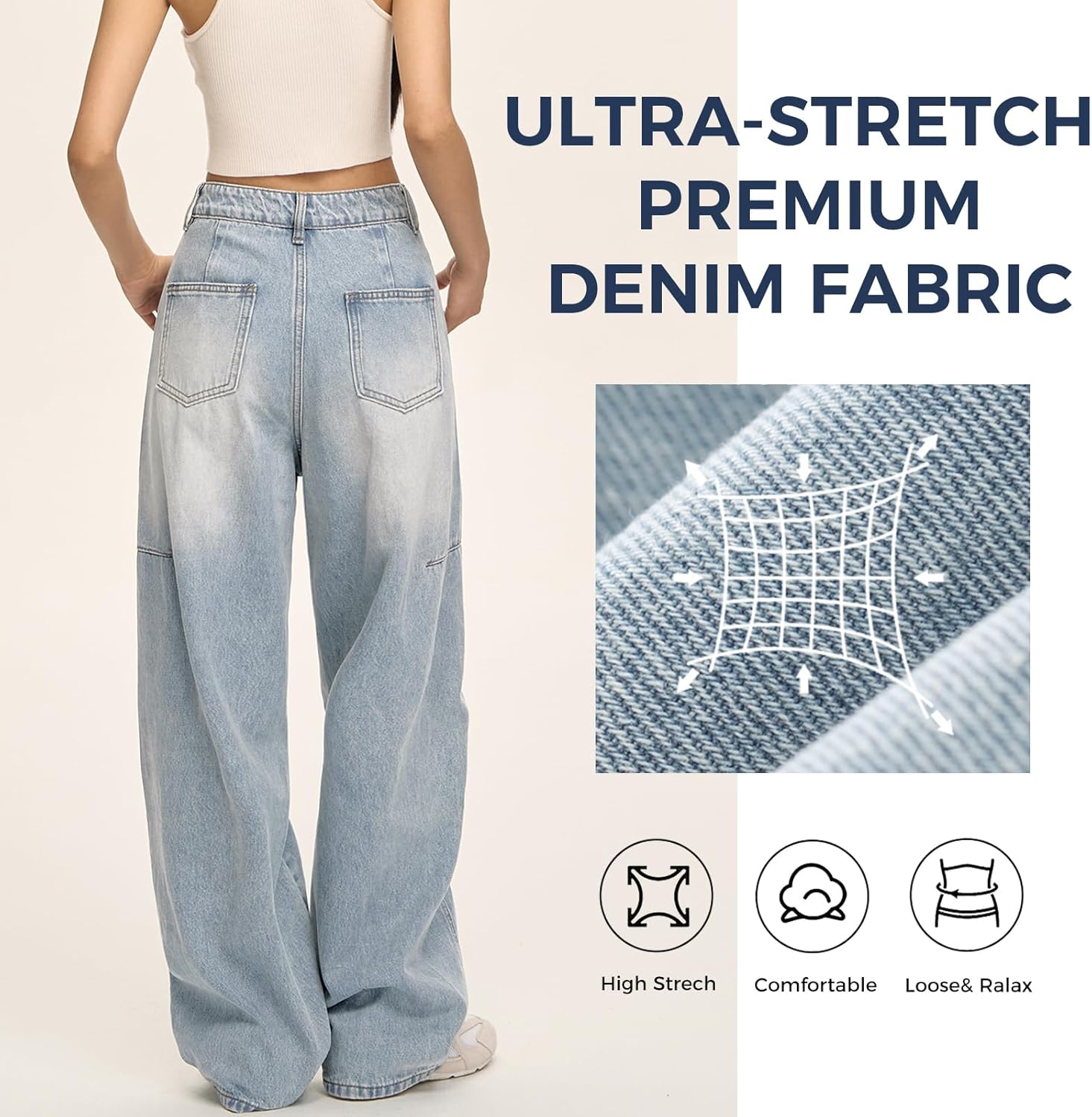 Women's Wide Leg Jeans High Waisted Baggy Barrel Loose Stretchy Curve Denim Pants - Image 5