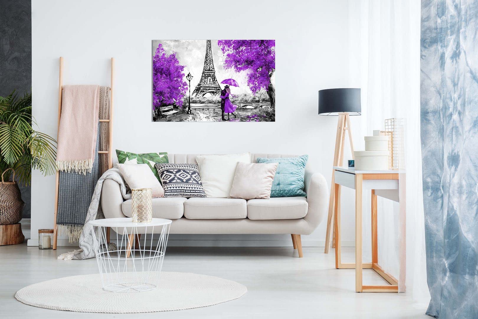 Leinwanddruck Paris Eiffelturm Regenschirm – 46x31 Cm, Violette Wandkunst, Fertig Zum Aufhängen