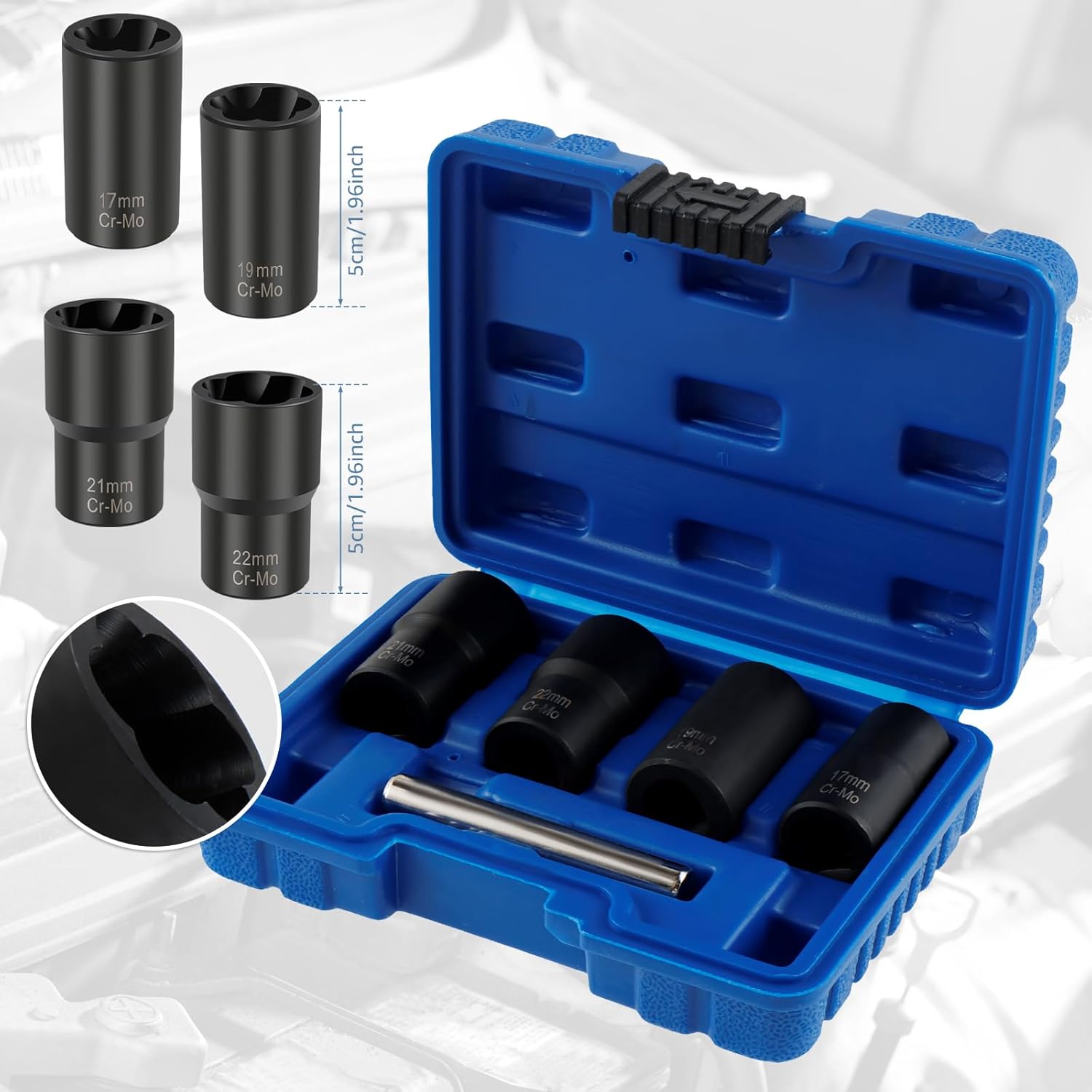 5pcs Damaged Screw Extraction Set Broken Bolt and Nut Remover Kit with Rod 17/19/22/22mm Screw Extraction Base Wheel Nut Removal Flow for Rusted Screws
