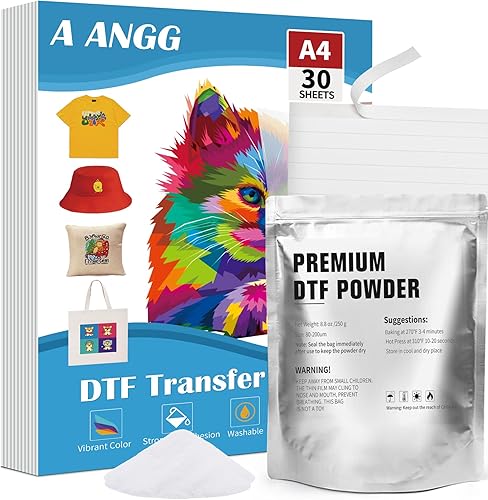 A ANGG Kit de película de transferencia DTF y polvo para impresora DTF, A4 30 hojas película DTF brillante de un lado, polvo DTF de 8.8 onzas, con