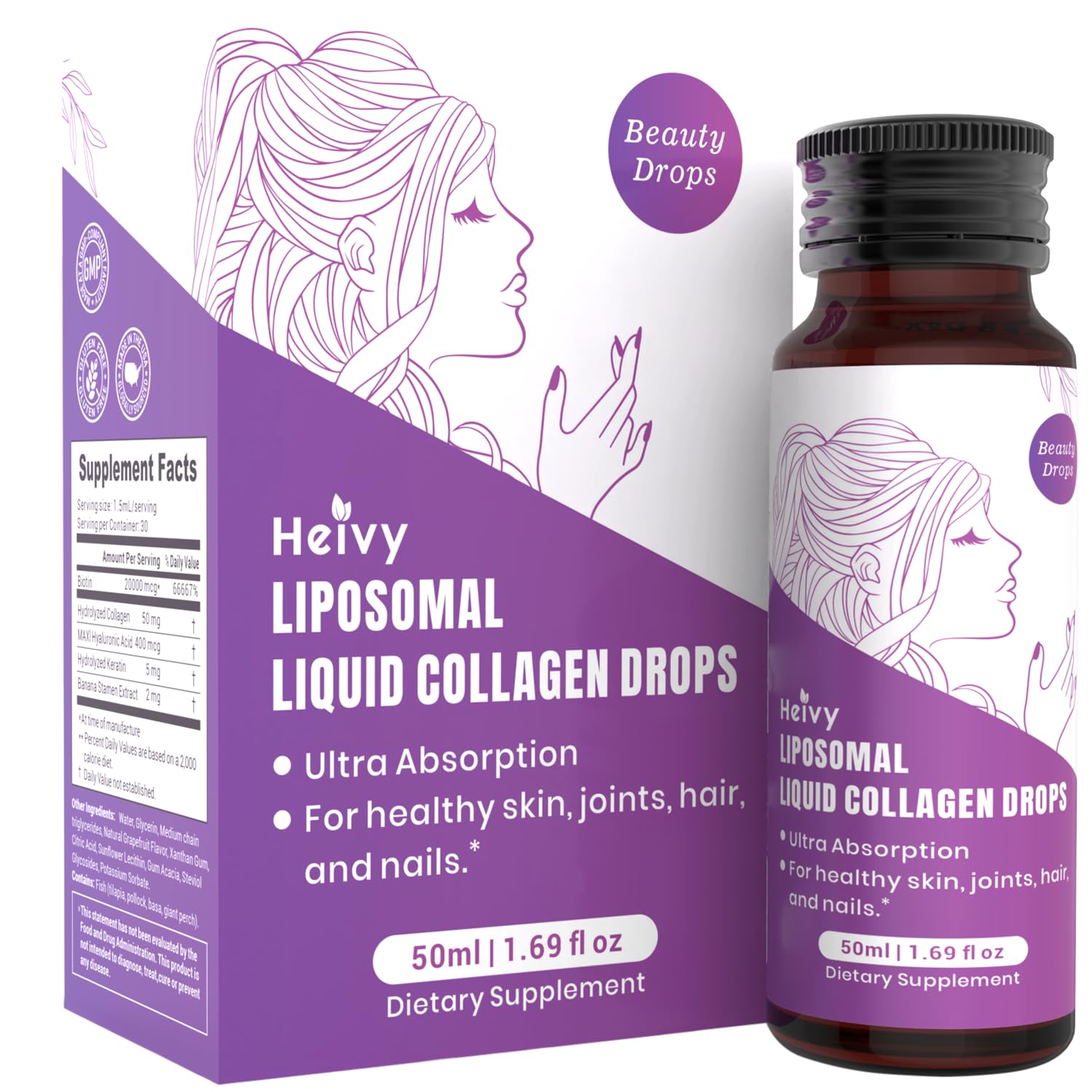 Heivy Liquid Collagen for Women, 70000 mcg per Serving, Made in USA 50ml