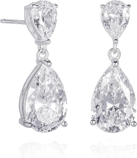 Diamond Treats 925 Sterling Silver Pear Drop Earrings with Sparkling Coloured and White Cubic Zirconia, Elegant Silver Dangle Earrings for Women, Sterling Silver Jewellery for Women
