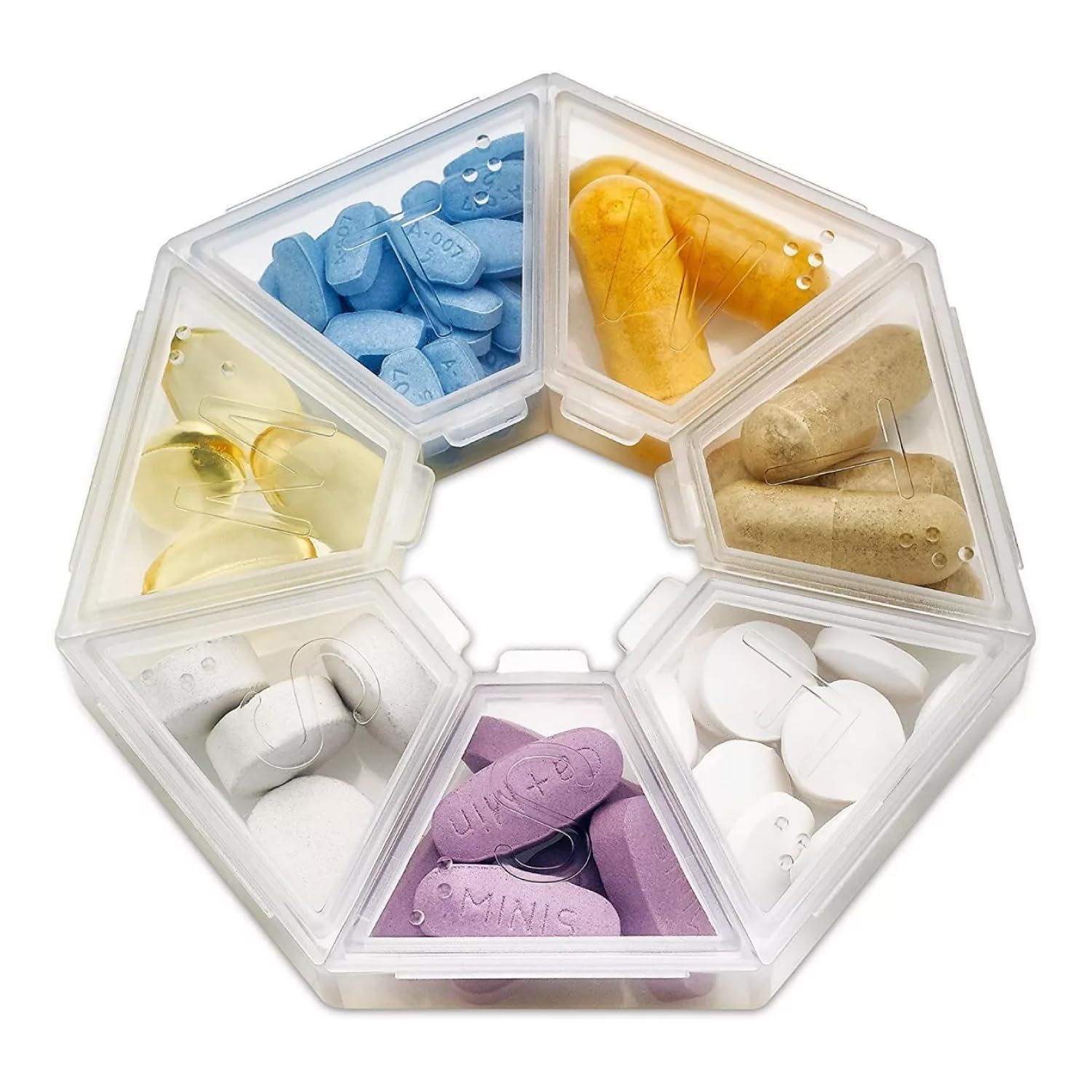 Scatola portapillole portatile a 7 lati per medicinali, piccolo contenitore (sette giorni settimanali) per farmaci, vitamine, contenitore per dispenser, organizer per pillole e promemoria.