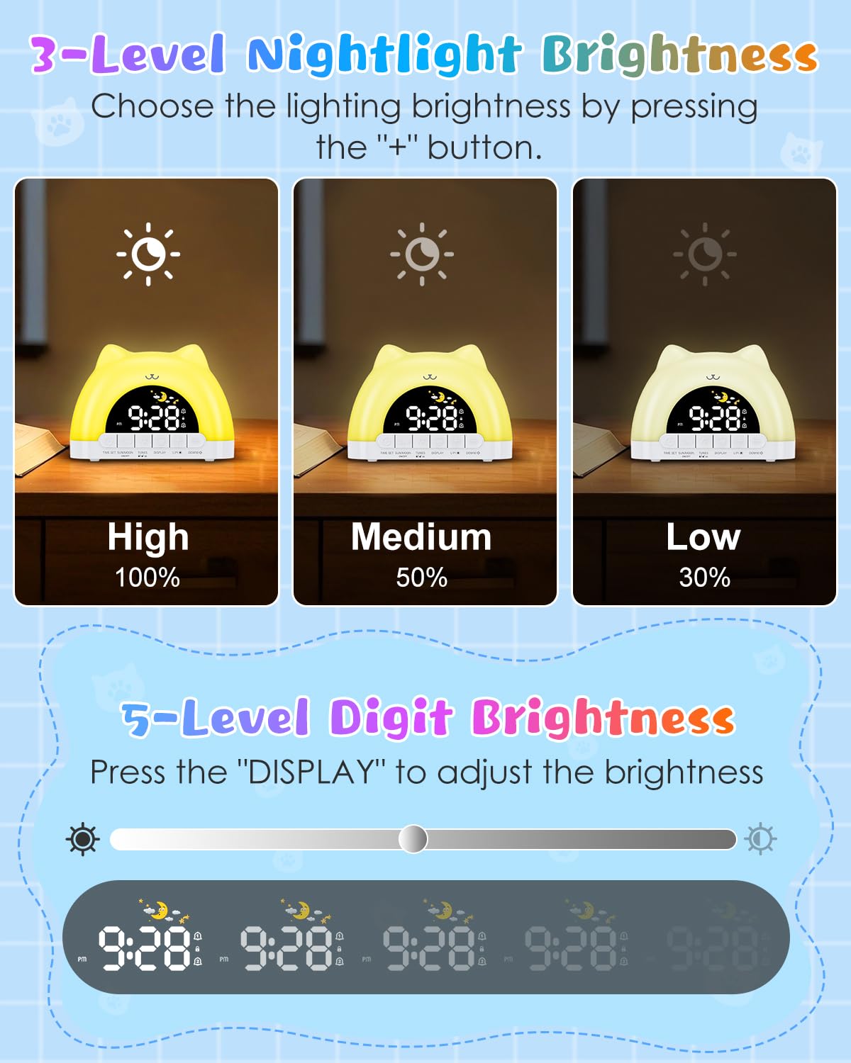 Reloj despertador para niños, reloj OK to Wake para niños, reloj de gato con luz nocturna de 11 colores, 10 sonidos relajantes, bloqueo infantil, alarmas duales, entrenamiento del sueño