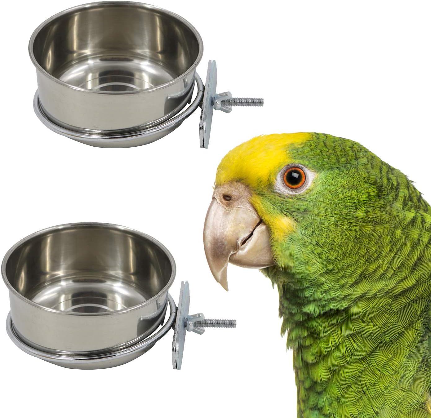 2 Pack Bird Cage Seed Feeder Pet Food Water Bowl Stainless Steel Parrot Feeding Coop Cup Dish with Clamp Holder for Medium and Large Parrots