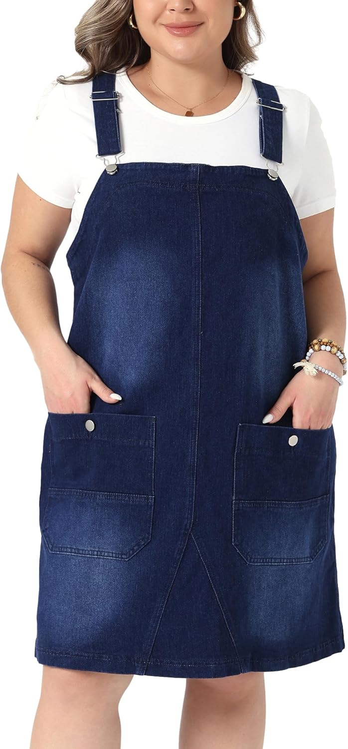 Agnes Orinda Plus Size Women's Denim Overalls Dress Adjustable Strap Bib Suspender Skirts Jeans Dresses with Pockets