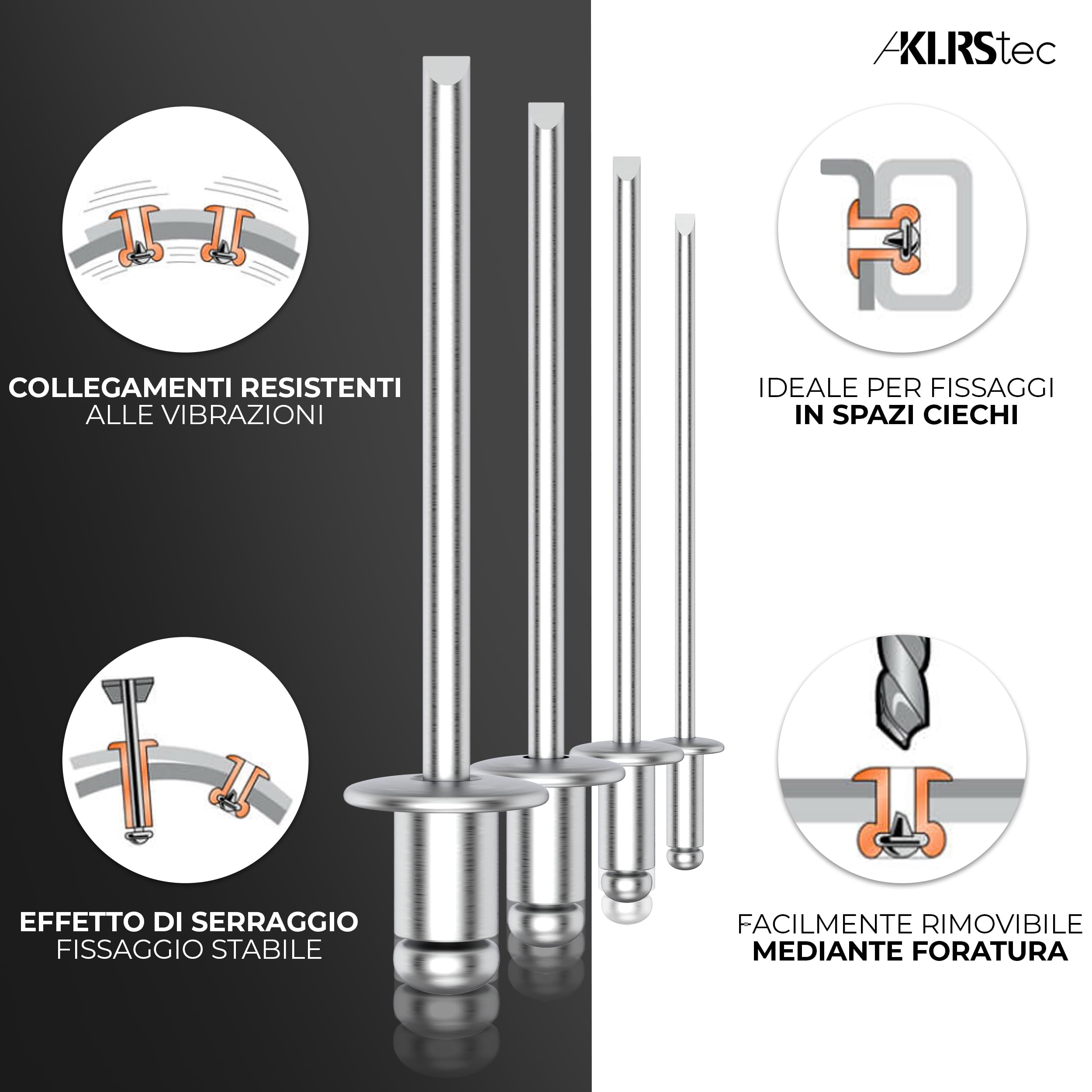 KLRStec Set Rivetti Ciechi 500pz Assortimento Alluminio Acciaio 2,4 3,2 4,0 4,8 mm
