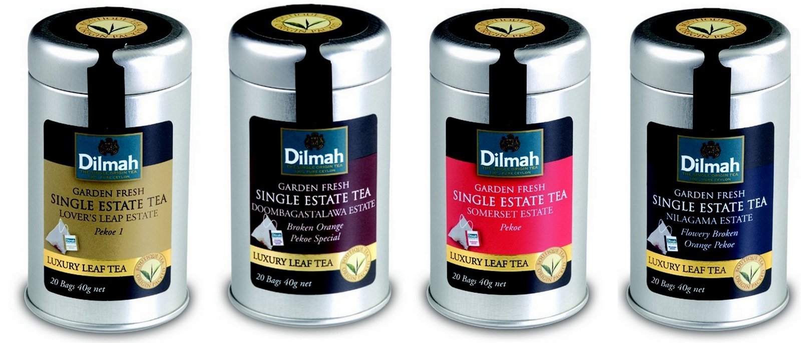 Dilmah, Single Estate Elevation Teas, Set of All Four Elevations, Low Grown 800 Ft to High Grown 5700 Ft, Single Origin Pure Ceylon, 20 Luxury Leaf Bags in Designer Tin Caddy, Biodegradable Sachets,