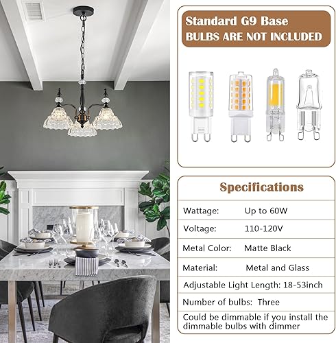 Miniatura 7 de HDDFL Lámpara de araña de 3 luces, lámpara de araña negra moderna para comedor, cocina, isla, entrada, sala de estar, dormitorios, vestíbulo