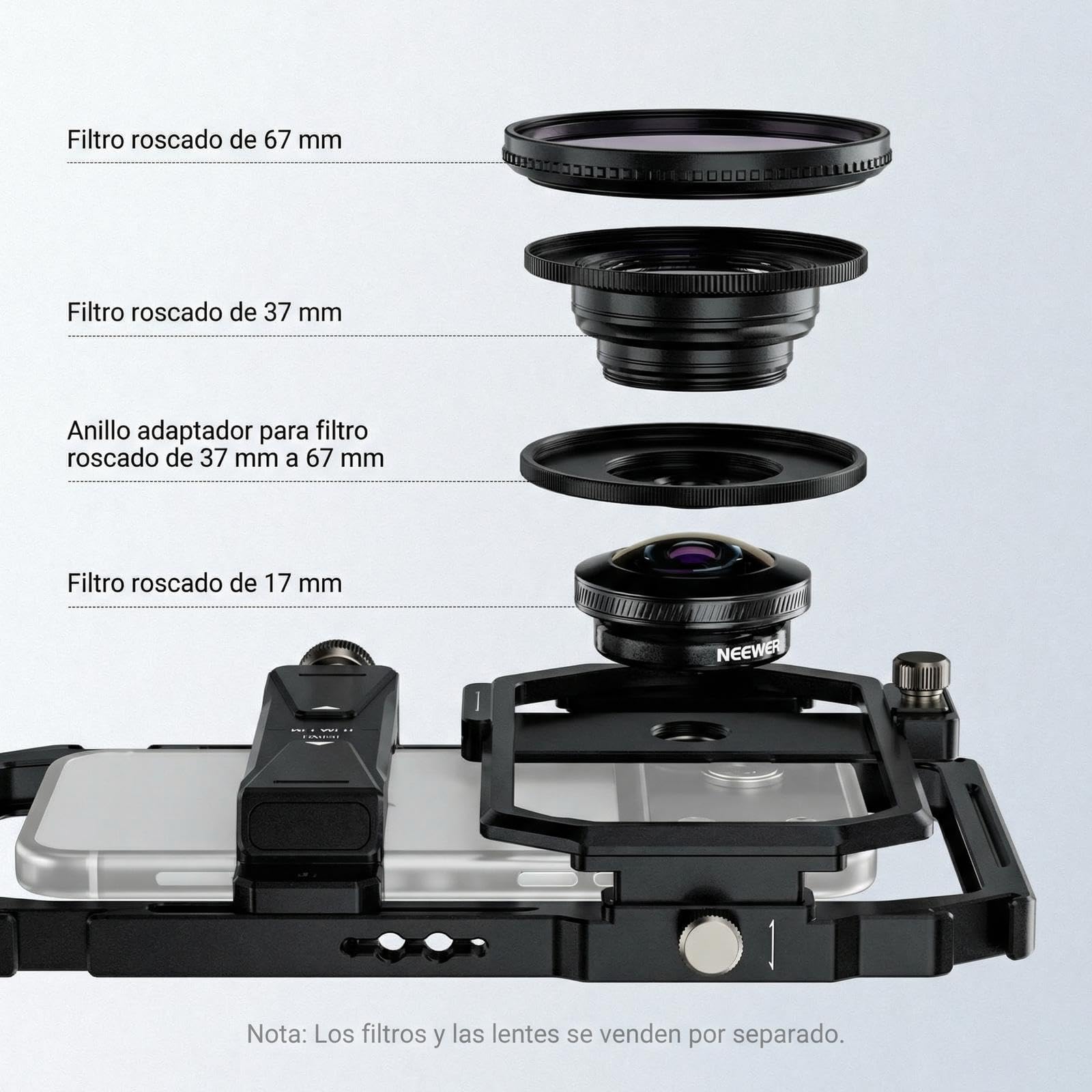 NEEWER Estabilizador Universal de Soporte de Video para teléfono con Filtro de Lente de 17 mm a 37 mm y 67 mm, Accesorios compatibles con iPhone, Android, Samsung, para grabación de Video, fotografía