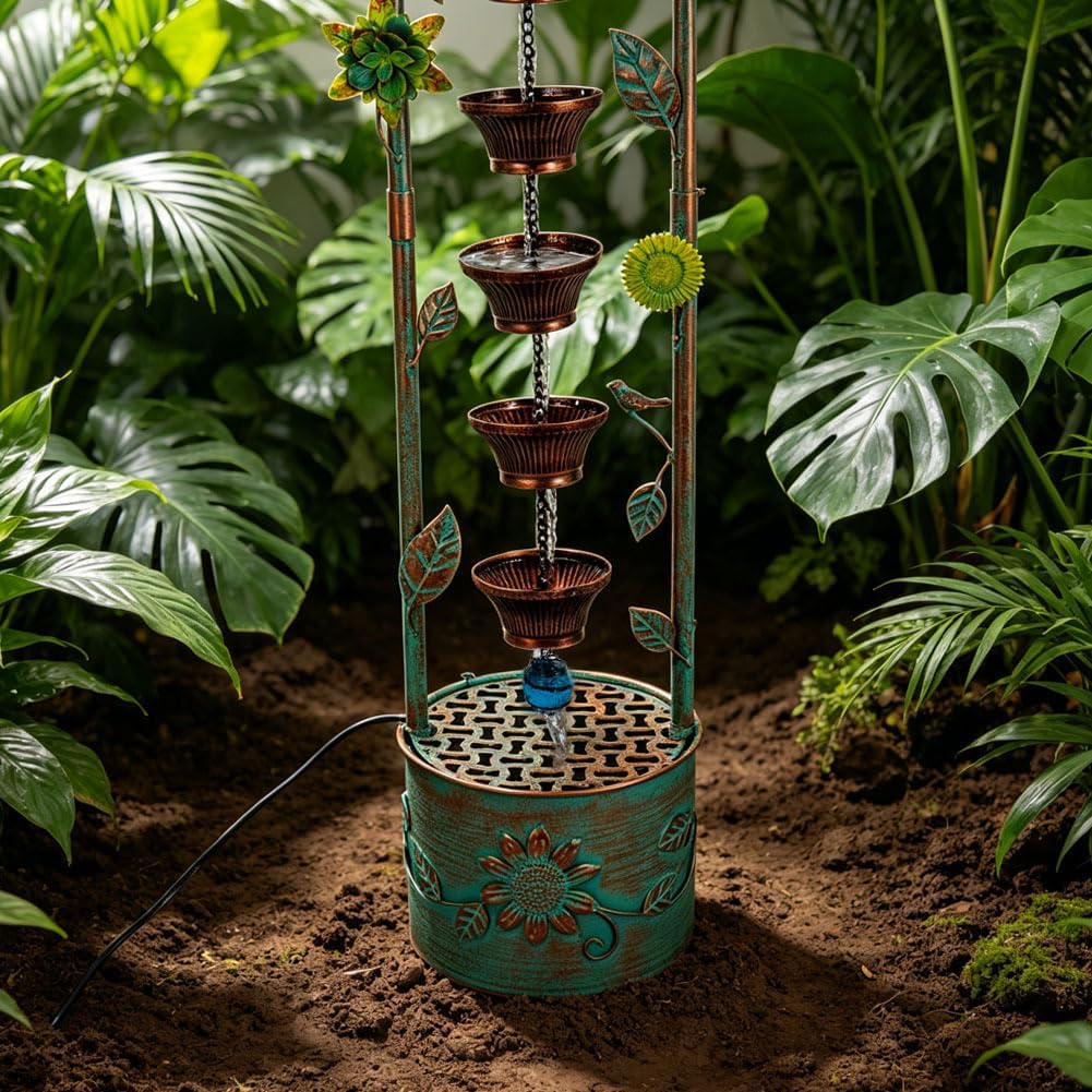 40" Vintage Metal Floor Water Fountain - Soothing Waterfall Outdoor Fountains with 6 Hanging Cups for Garden Patio Backyard Deck Decor, 1105 - Rusty Bronze Leaves