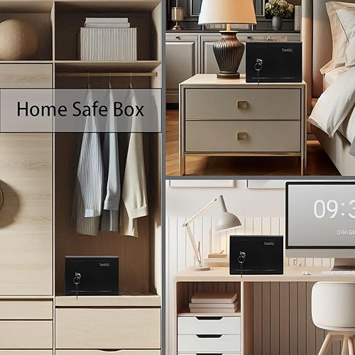 Miniatura 6 de Yuanshikj Caja de seguridad con cerradura de llave, caja de seguridad de acero, 0.23 pies cúbicos, 9.1 pulgadas de ancho x 6.7 pulgadas de