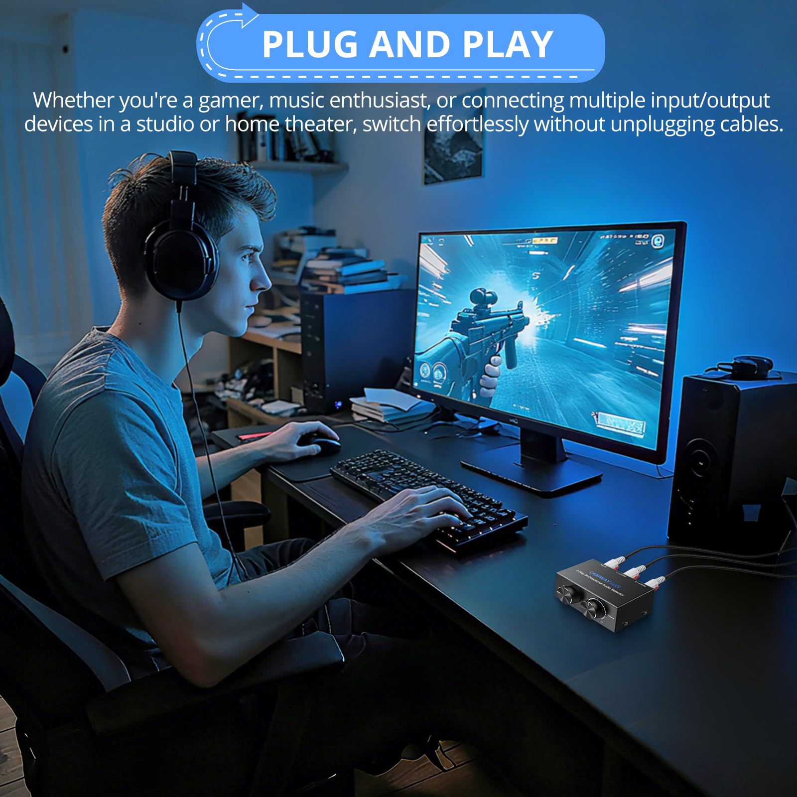 CAMWAY RCA L/R i pomocniczy przełącznik audio 3,5 mm, wyjście 2 w 1, 1 w 2 wyjściach, dwukierunkowy przełącznik audio stereo z regulacją głośności i pokrętłem wyłączania