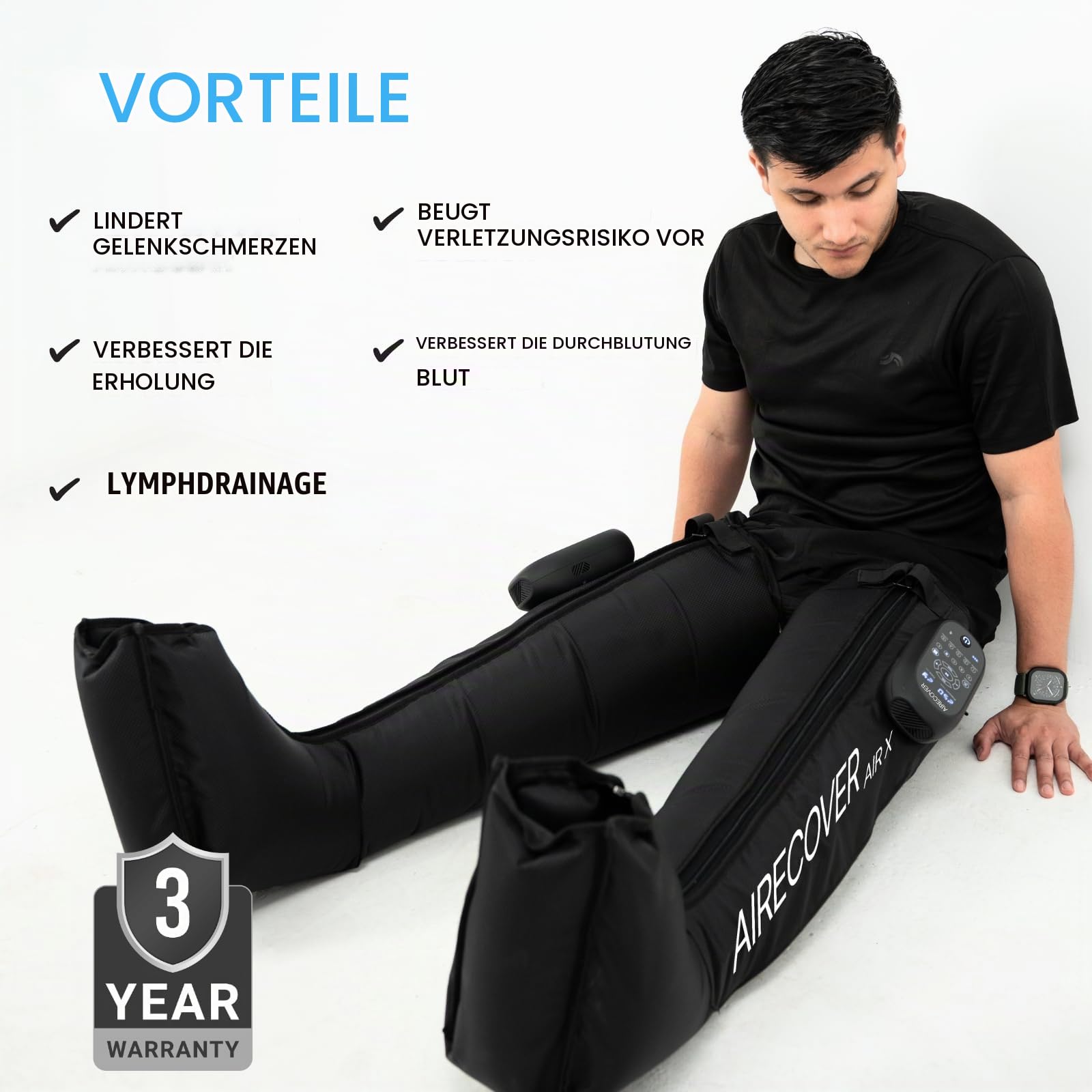 Kabelloses Beinmassagegerät, Recovery Boots mit 5 Luftkammern, Lymphdrainage & Muskelentspannung, Pressotherapie für Durchblutung & Erholung,30-250 mmHg, 5 Modi(M)