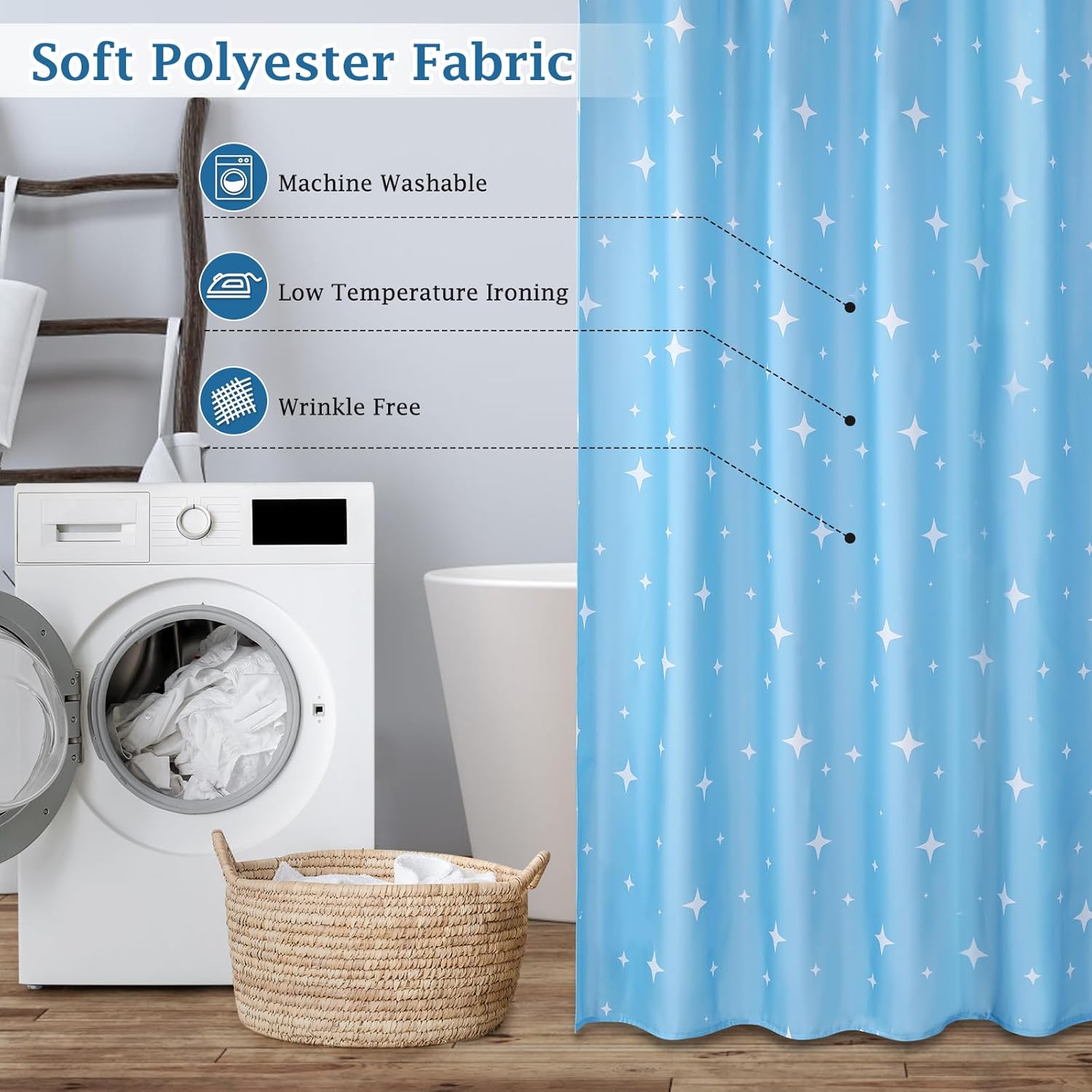 Blue Polyester Cloth Shower Curtain 78.7"x86.6", Machine Washable Weighted Fabric Shower Curtain, Water Repellent Bathroom Curtains Star, Blue Extra Long Bathtub Curtains