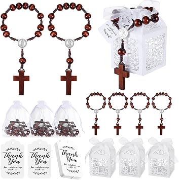 Liliful 100 Pcs Baptism Rosary Favors Set Includes 25 Wood Mini Rosary 25 Baptism Favor Boxes 25 Organza Bags 25 Thank Tags for Baby Shower First Communion Christening Party Gift