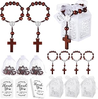 Liliful 100 Pcs Baptism Rosary Favors Set Includes 25 Wood Mini Rosary 25 Baptism Favor Boxes 25 Organza Bags 25 Thank Tags for Baby Shower First Communion Christening Party Gift