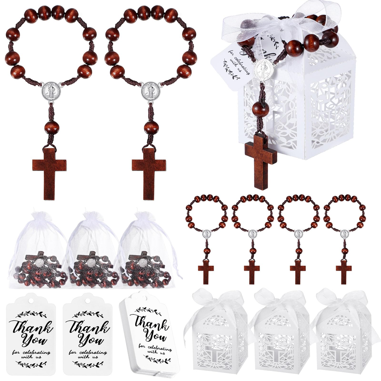 Chapelets de baptême avec sacs organza, boîte dragée et étiquette fête prénatale