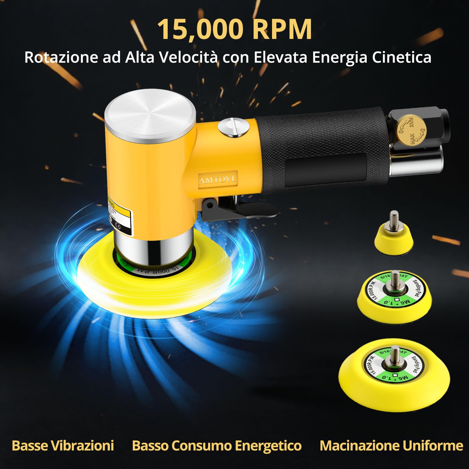 AMTOVL Levigatrice Orbitale Pneumatica 15000RPM con 3 Piatti 1"/2"/3"