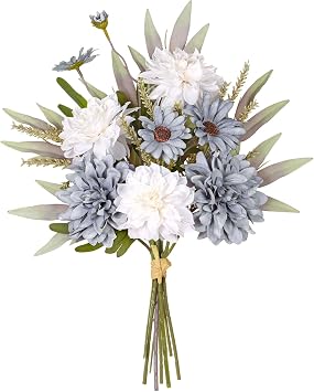 Dremisland Artificial Flowers Bouquet Silk Blue Flowers Fake Floral Arrangements Faux Blue and White Flowers Plant Wedding Bride Bouquets Floral Tables Centerpieces for Home Decor Indoor Vase Table