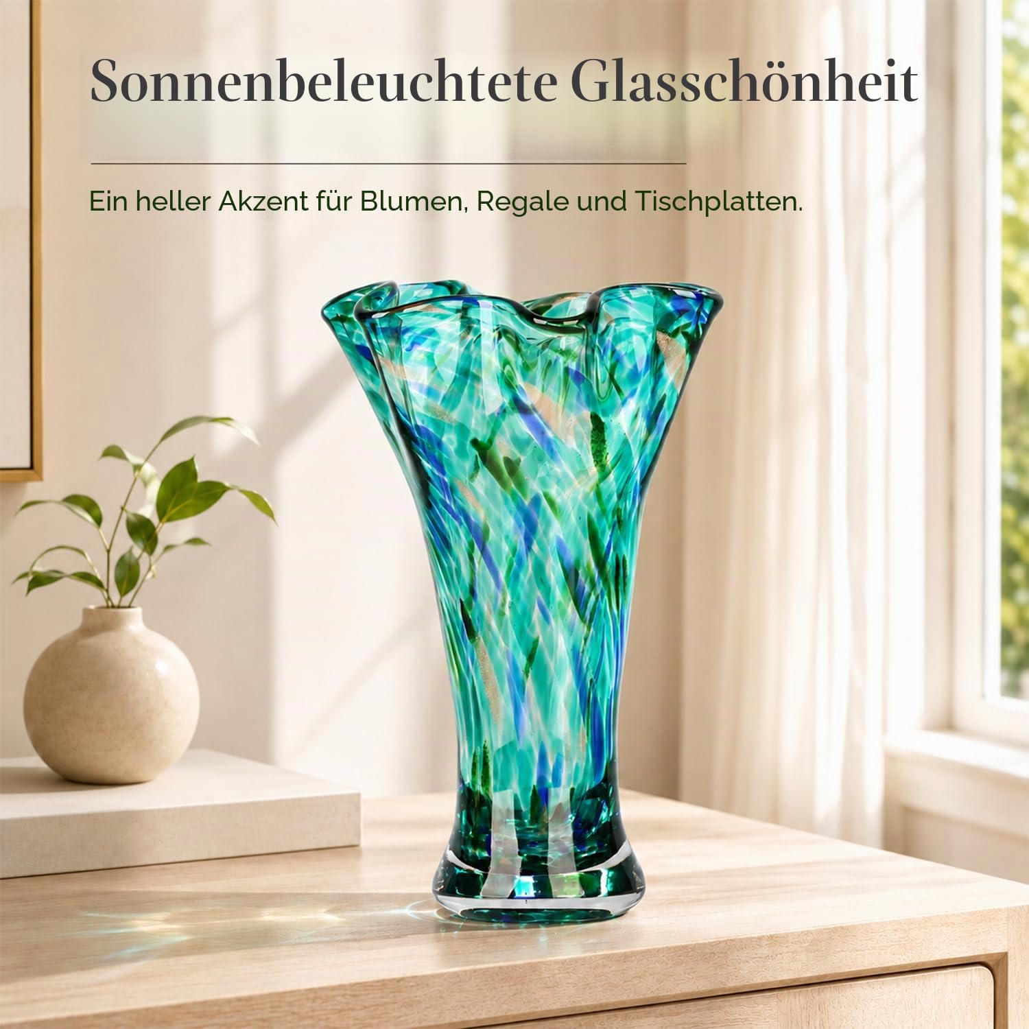 LCCCK Blaue Glasvasen von 22,9 cm Höhe für Blumen, handgefertigte mundgeblasene Glasvase, Innendekoration, Vase mit breitem Hals für grüne Blumen, Tischmitte, für Bücherregal, Tisch