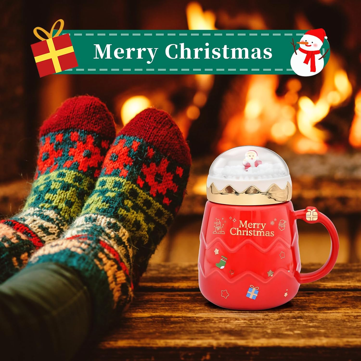 17.6 oz Christmas Mug with Winter Snow Globes Lid Decorations, Large Cute Festive Ceramic Coffee Cup, Winter Xmas Birthday Tabletop Drinkware Teacup Gifts for Adults Kids Men Women (Red) - Image 4