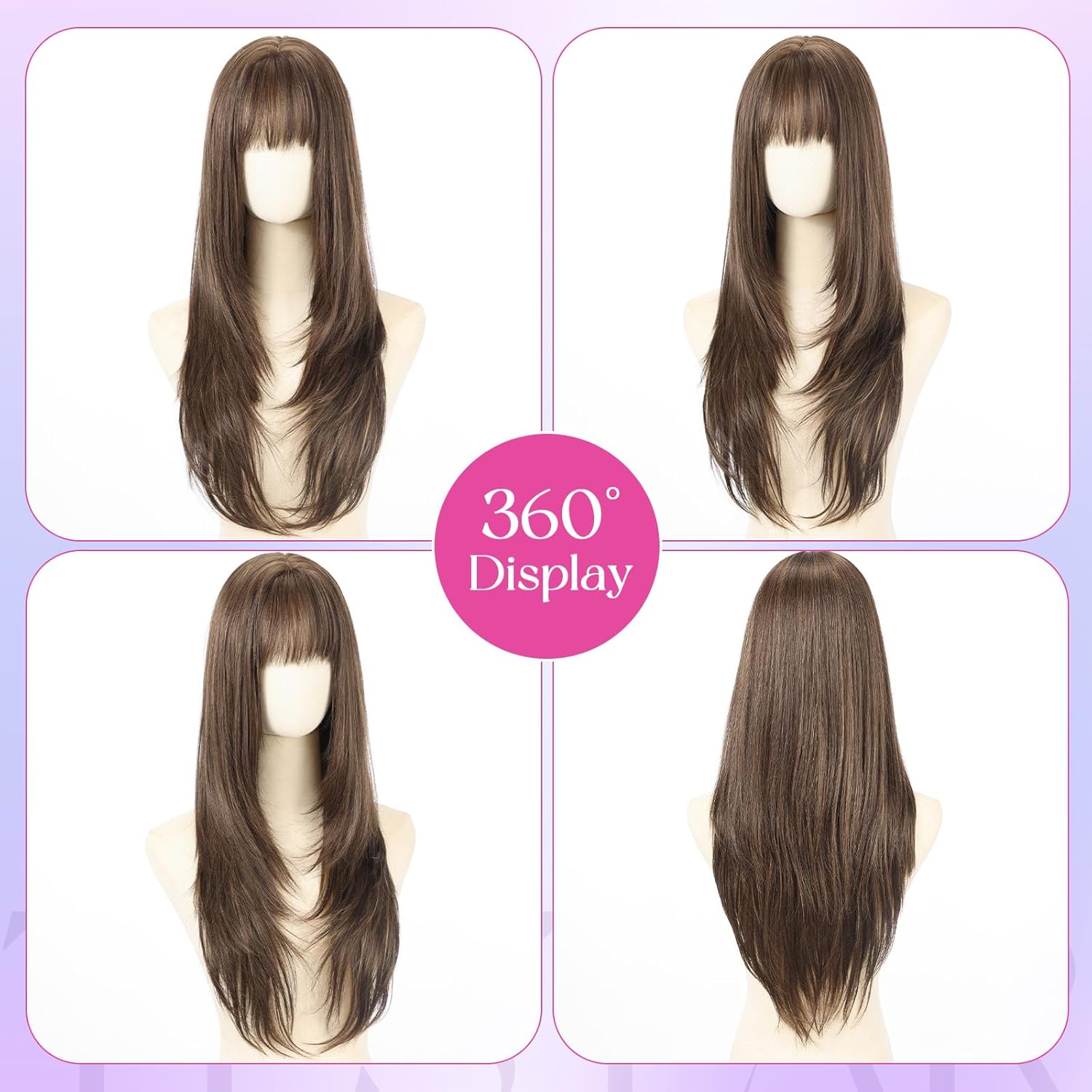 testar 4x4 Realistic Scalp Long Dark Brown Straight Wigs With Bangs for Women Synthetic Heat Resistant Fiber 26IN Layered Brunette Wigs for Daily Use