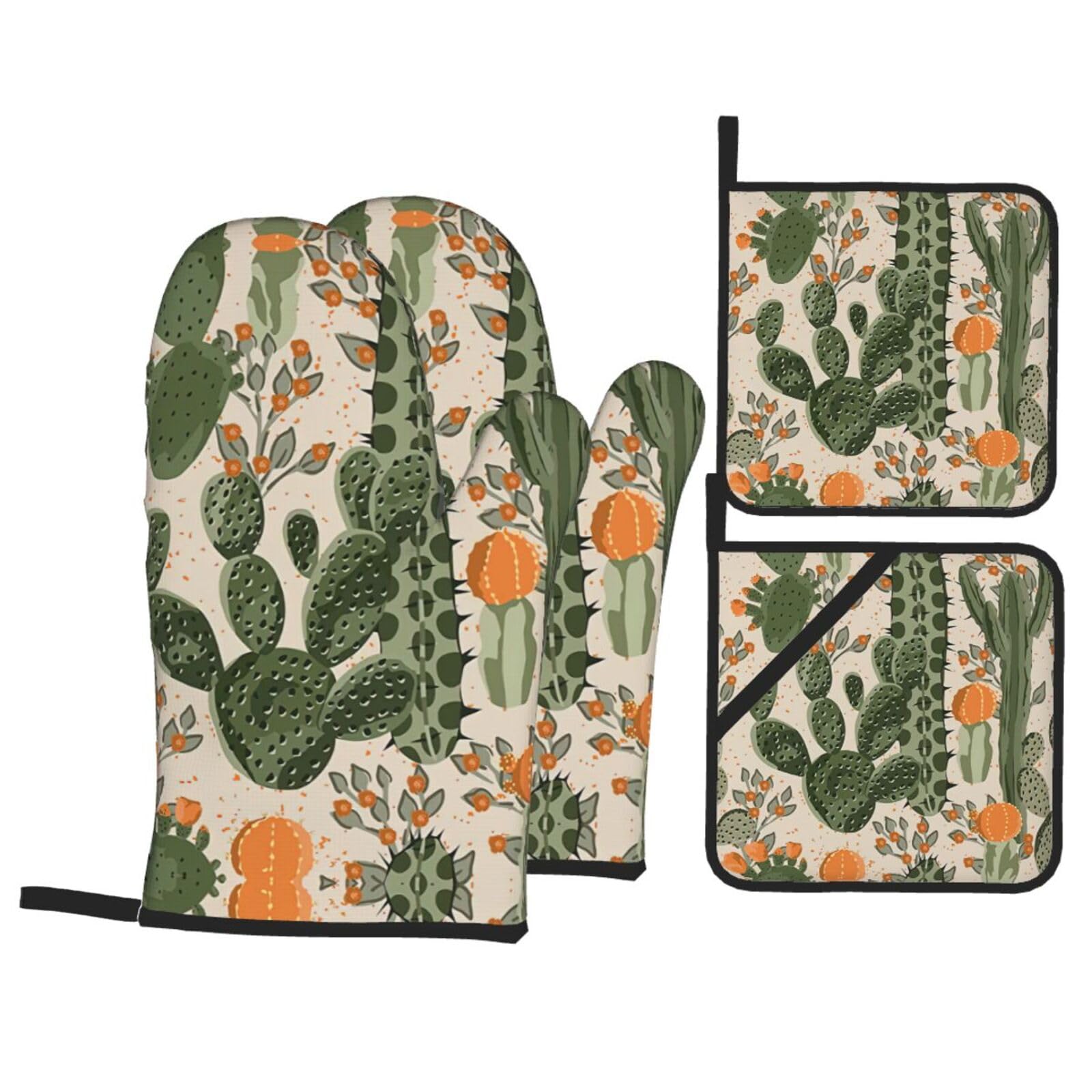 Green Cactus Print Oven Microwaving Waterproof Kitchen Gloves for Baking Grilling Holiday Cooking
