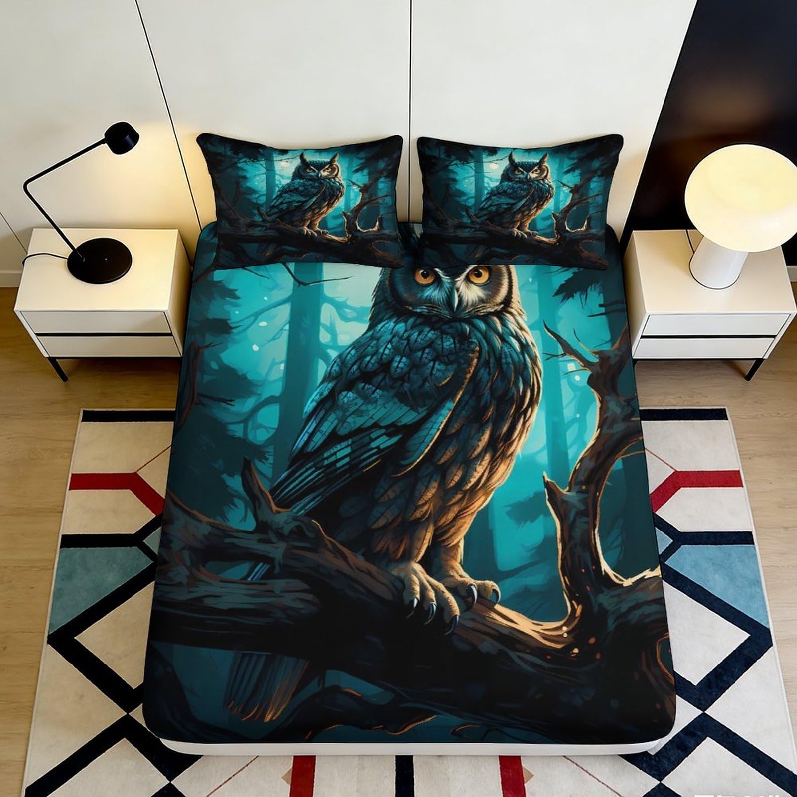 3D Printed Owl Theme Fitted Sheet Microfiber Deep Pocket Non-Slip Owl Mattress Fitted Cover Bedroom Bedding for Adults 90x200x25cm