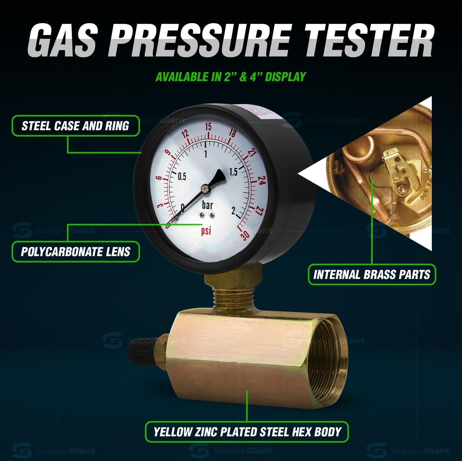 Supply Giant 7452 0-30 PSI Gas Tester Gauge w/3/4" FIP Hex Body 2"and Display