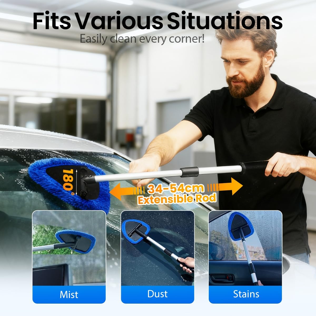 Windshield Cleaner Tool, Inside Windshield Cleaning Set, 180 Degree Rotatable Longer Extendable Windshield Cleaning Tool with 4 Pads 2Bottles, Interior Exterior Window Cleaner Tool for Car (Grey)