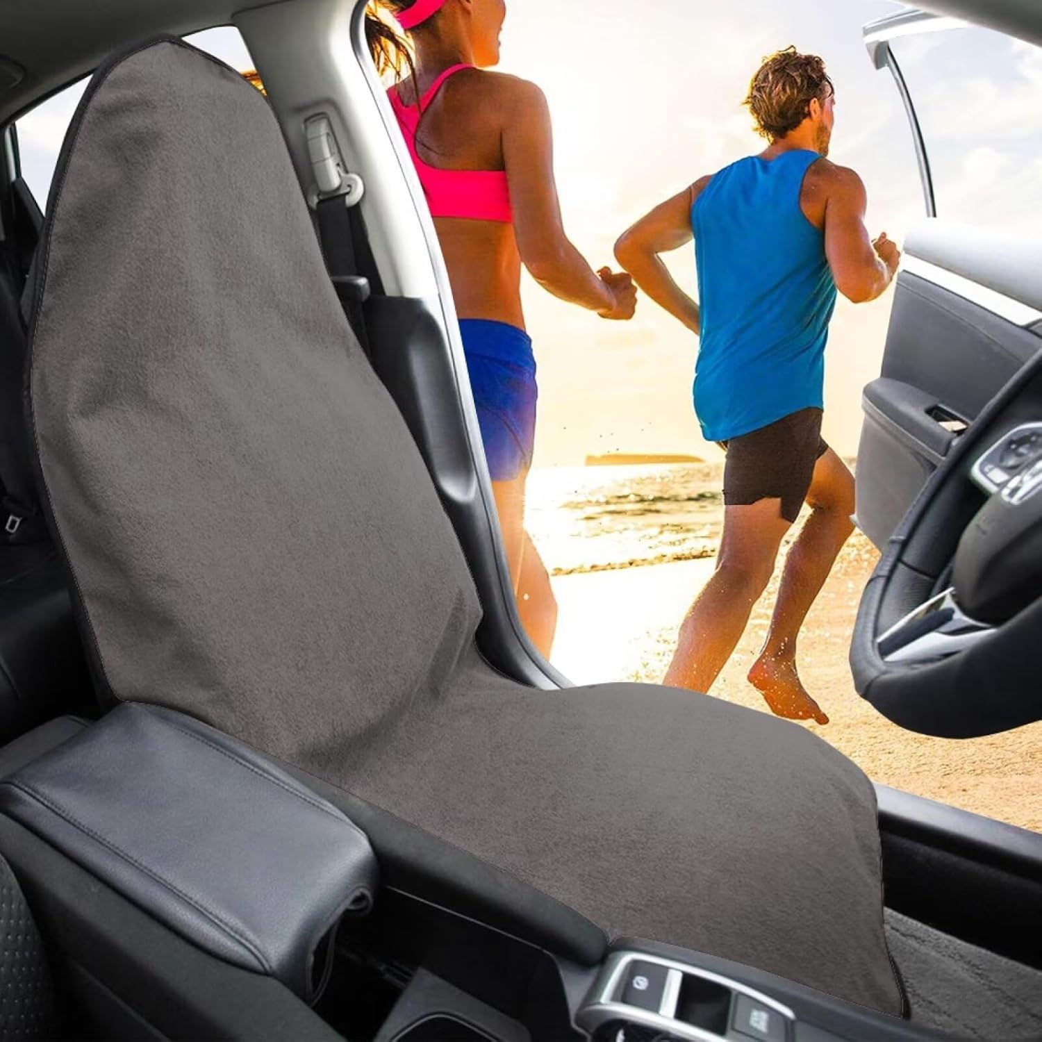 Front Car Seat Cover — Sweat-Absorbent & Waterproof Towel Material, Suitable for Gym Workouts, Running, Swimming, Beach and Hiking Activities, Fits Cars, SUVs, Trucks (Classic Gray, 2 Pcs)