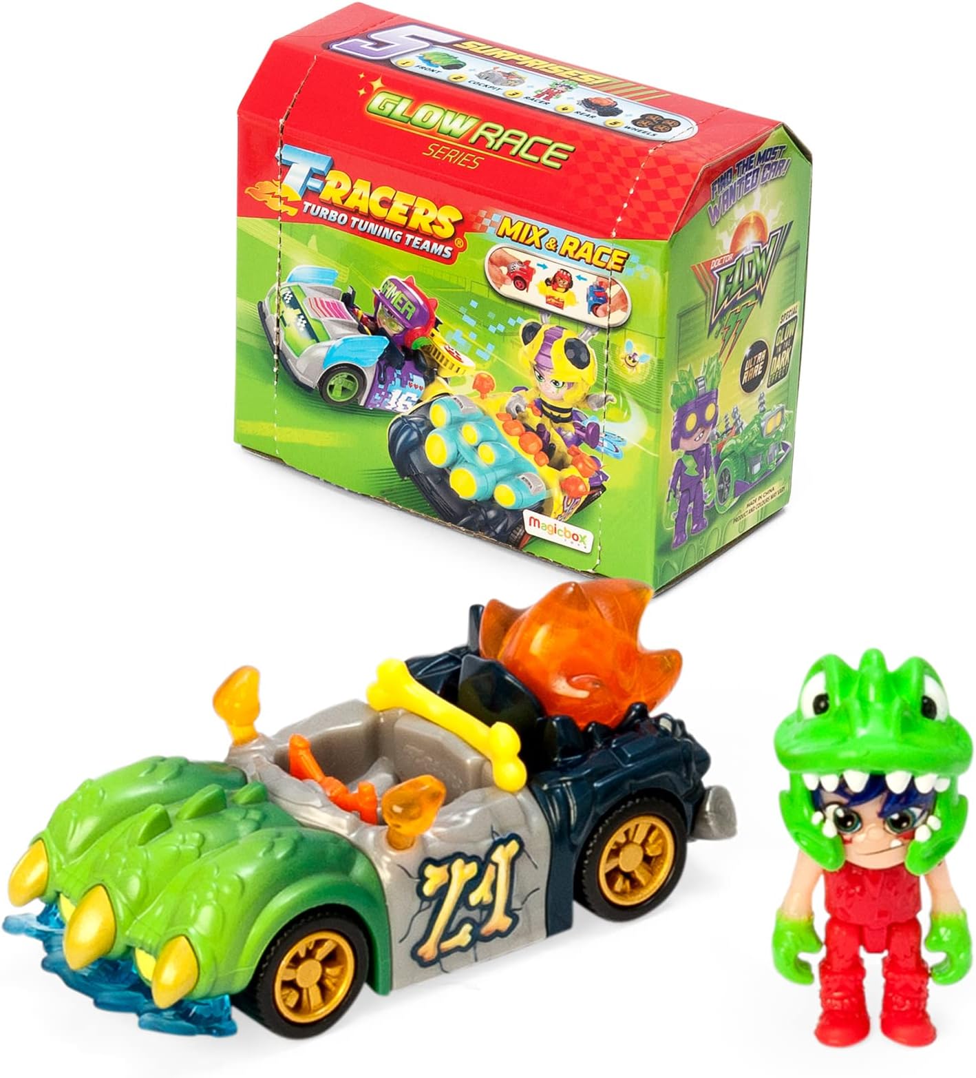 T-RACERS Glow Race Series โ Collectible surprise car and driver. Car can be taken apart piece by piece, and parts are interchangeable