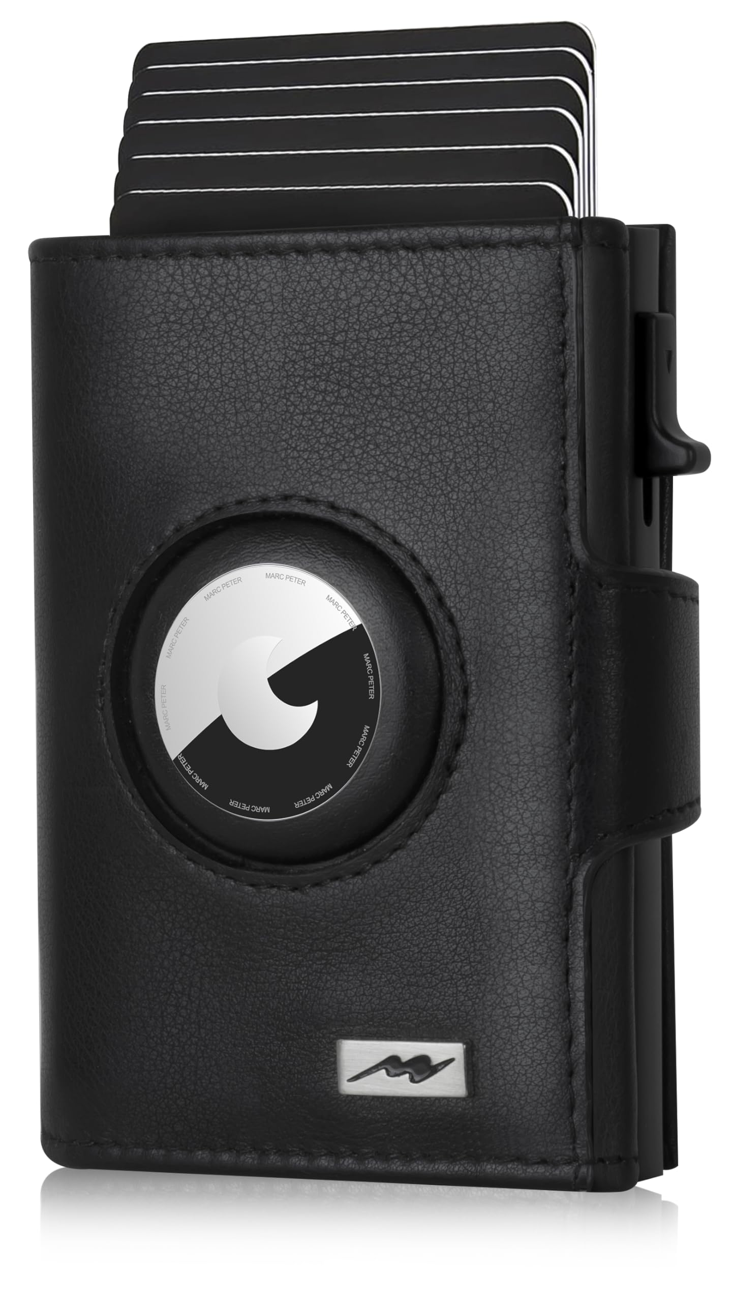 Marc Peter® Chicago Schwarz Leder Push Air Slim Wallet | Airtag Geldbörse mit Münzfach | kleines Mini Portmonee aus echtem Büffelleder