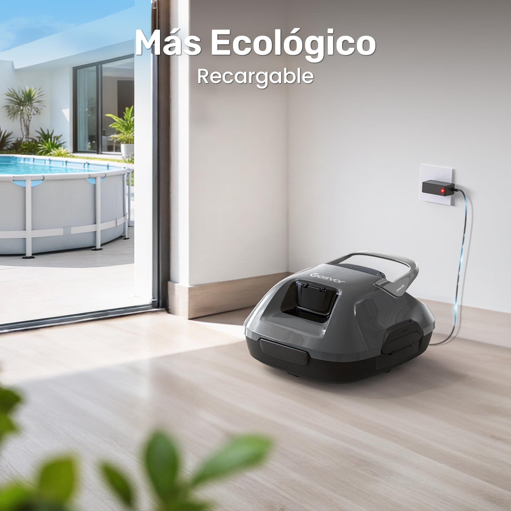 Gosvor Robot Limpiafondos Piscina Automático,con Filtración de 180μm,con 90 Minutos de Autonomía,Tiene Autoaparcamiento,para Piscinas de 80m² sobre el Suelo y Subterráneas Planas,Gris
