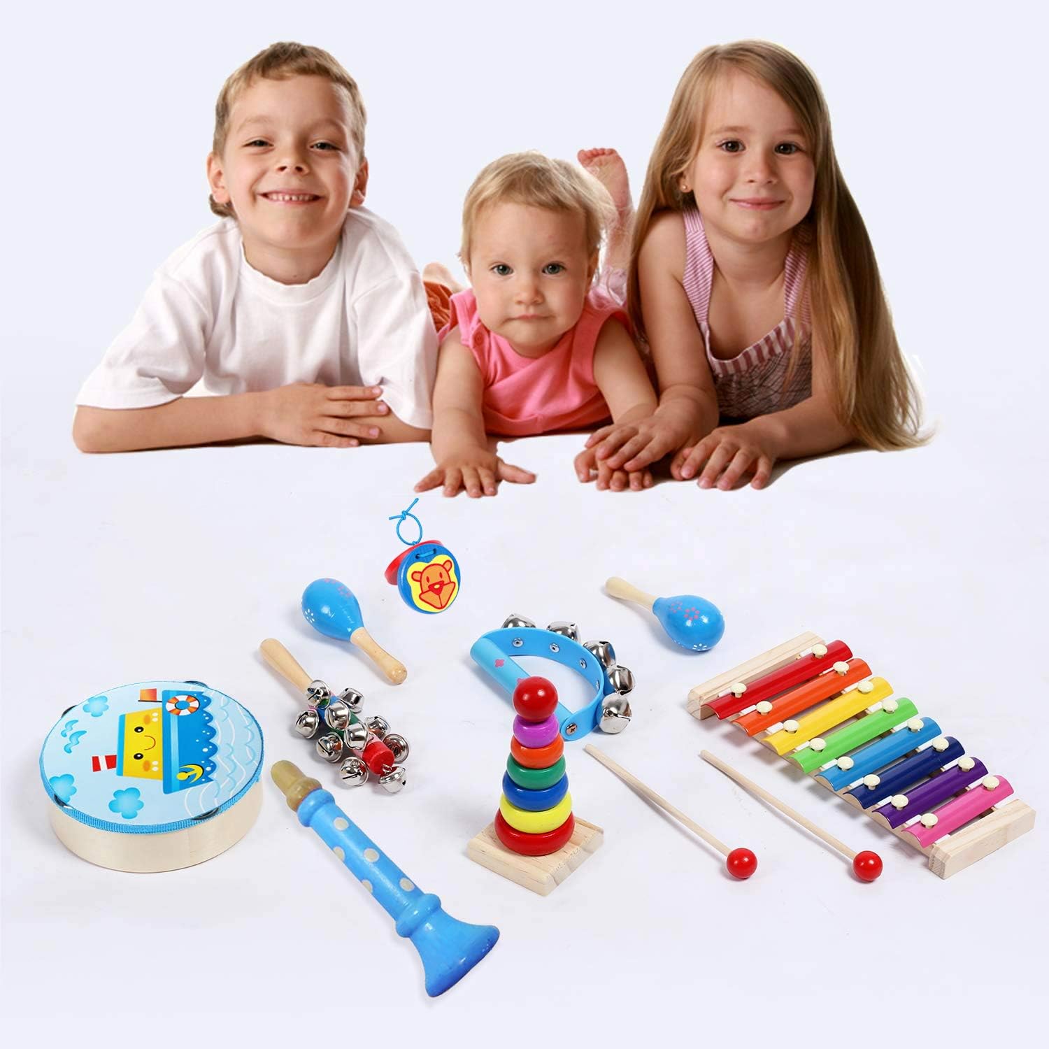 MAXZONE Toddler Kids Musical Instruments Sets, 12pcs Wooden Percussion Instruments Toys Tambourine Xylophone for Kids Playing Preschool Education, Early Learning Musical Toys for Boys and Girls Gift : Toys & Games