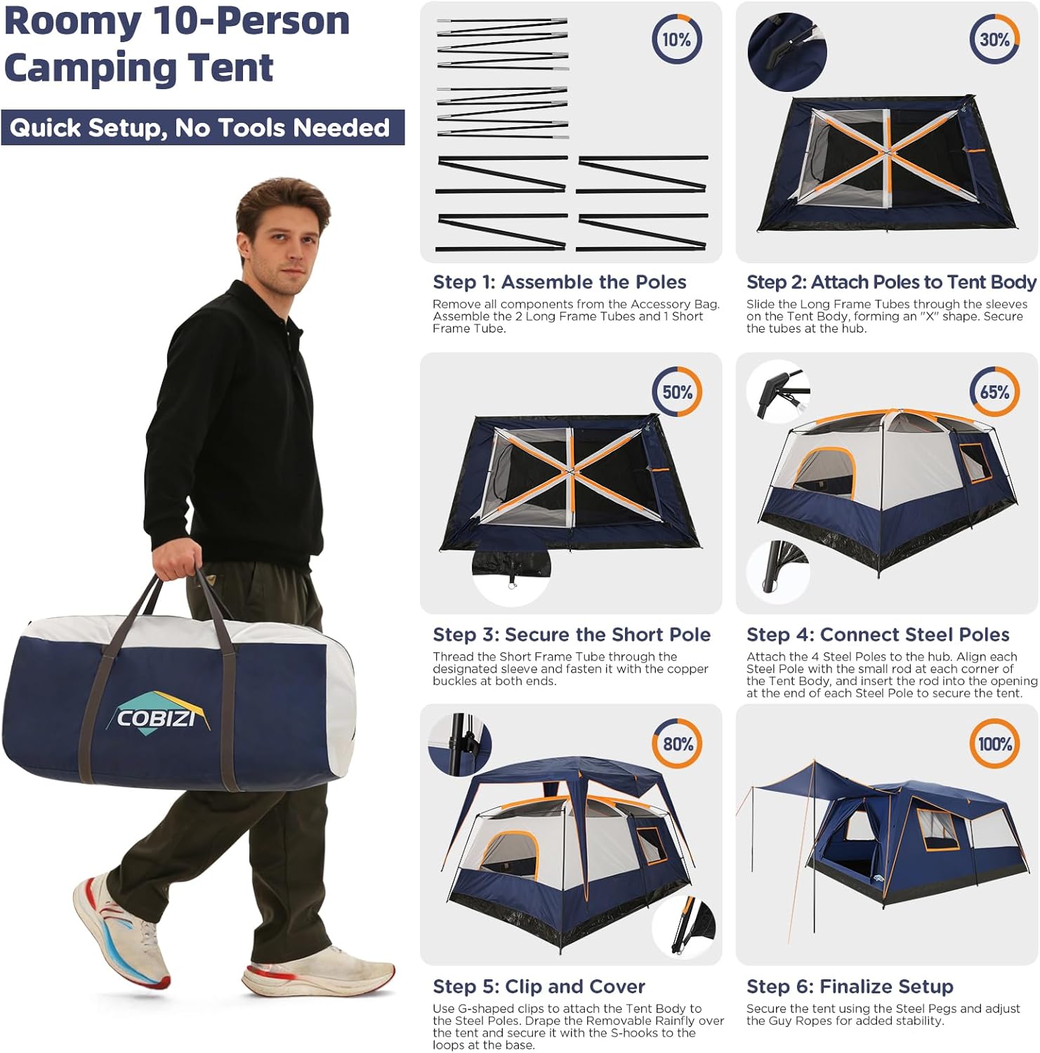 COBIZI Tents for Camping 4/6/8/10/12 Person Camping Tent with Rainfly and Screen, Easy Setup Lightweight Portable Waterproof Outdoor Tent with Carry Bag for Backpacking, Hiking, Family Travel