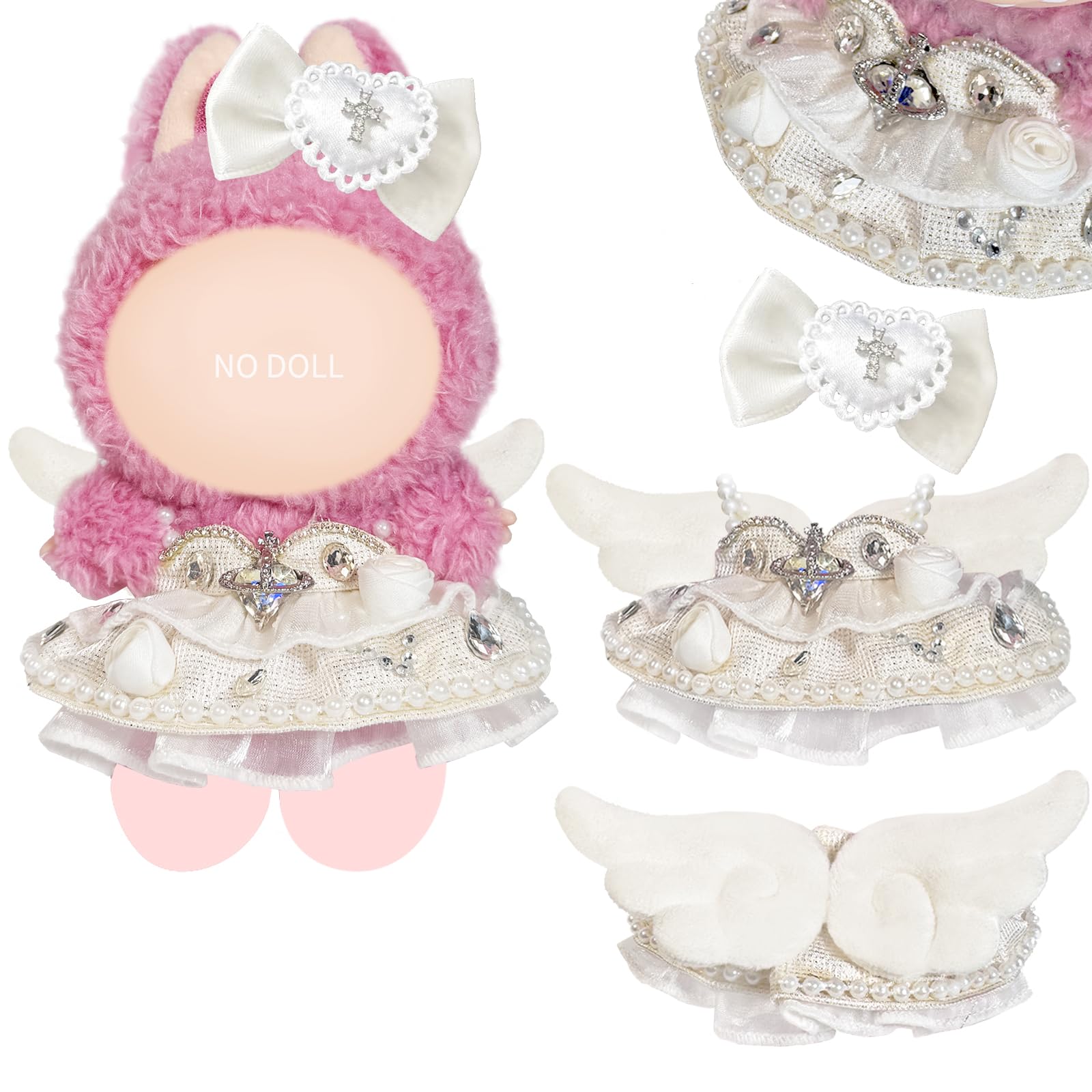 Cloth for 15cm ＆ 17cm Doll, 2pcs Doll Clothes Outfit Set for 1st/2nd/3rd Gen Dolls, Include - Crystal White Dress , White Bow, Angel Wings
