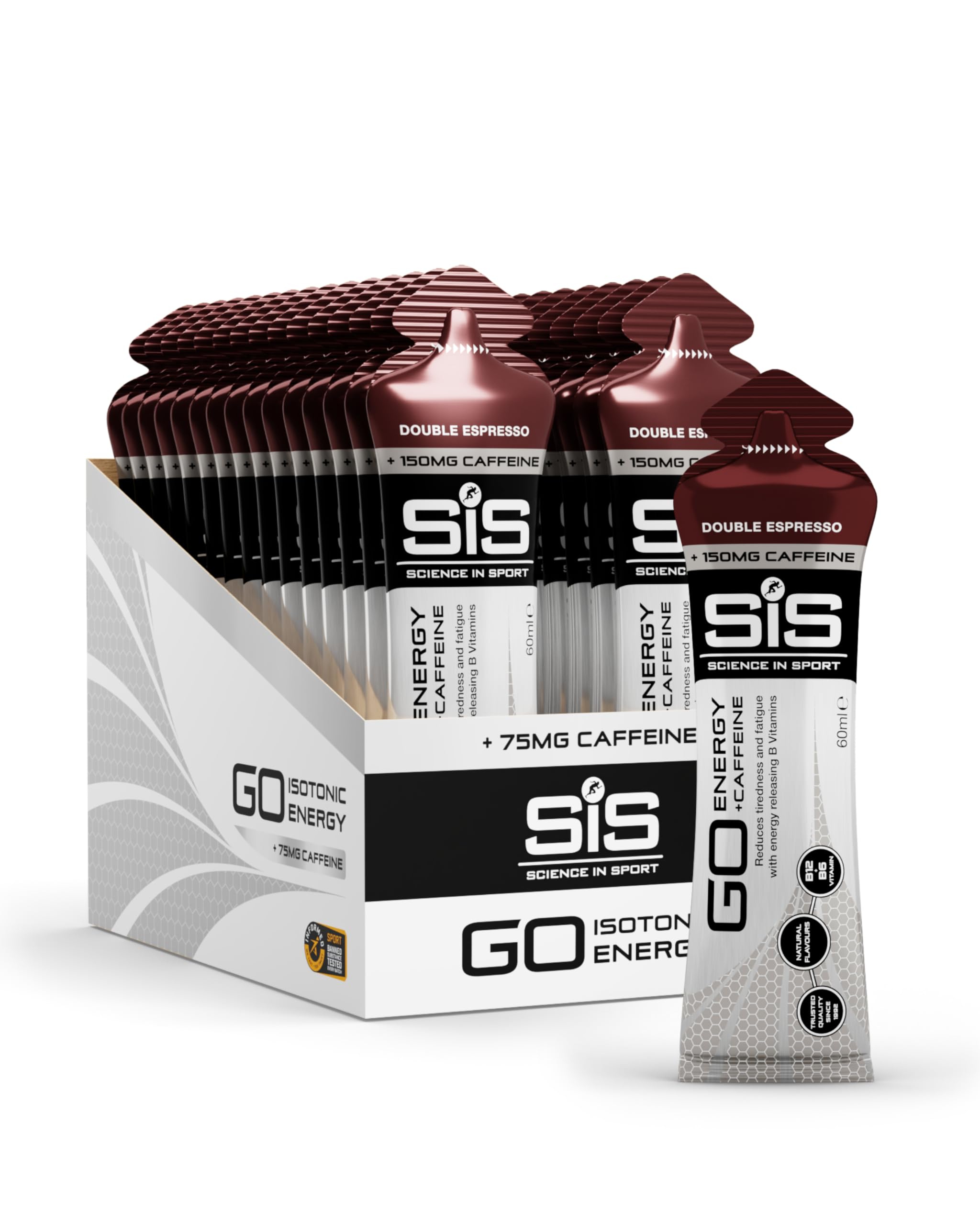 Science In Sport GO Isotonic Energy Gels, Running Gels with 22 g Carbohydrates, Low Sugar, Double Espresso Flavour, 60ml (30 Packs)