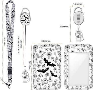 Goth Bat Floral ID Badge Holder with Lanyard Retractable Badge Reel, Gothic Bat Lanyards for Id Badges Vertical Id Protector Badge Clip for Women Friends Nurse Gifts